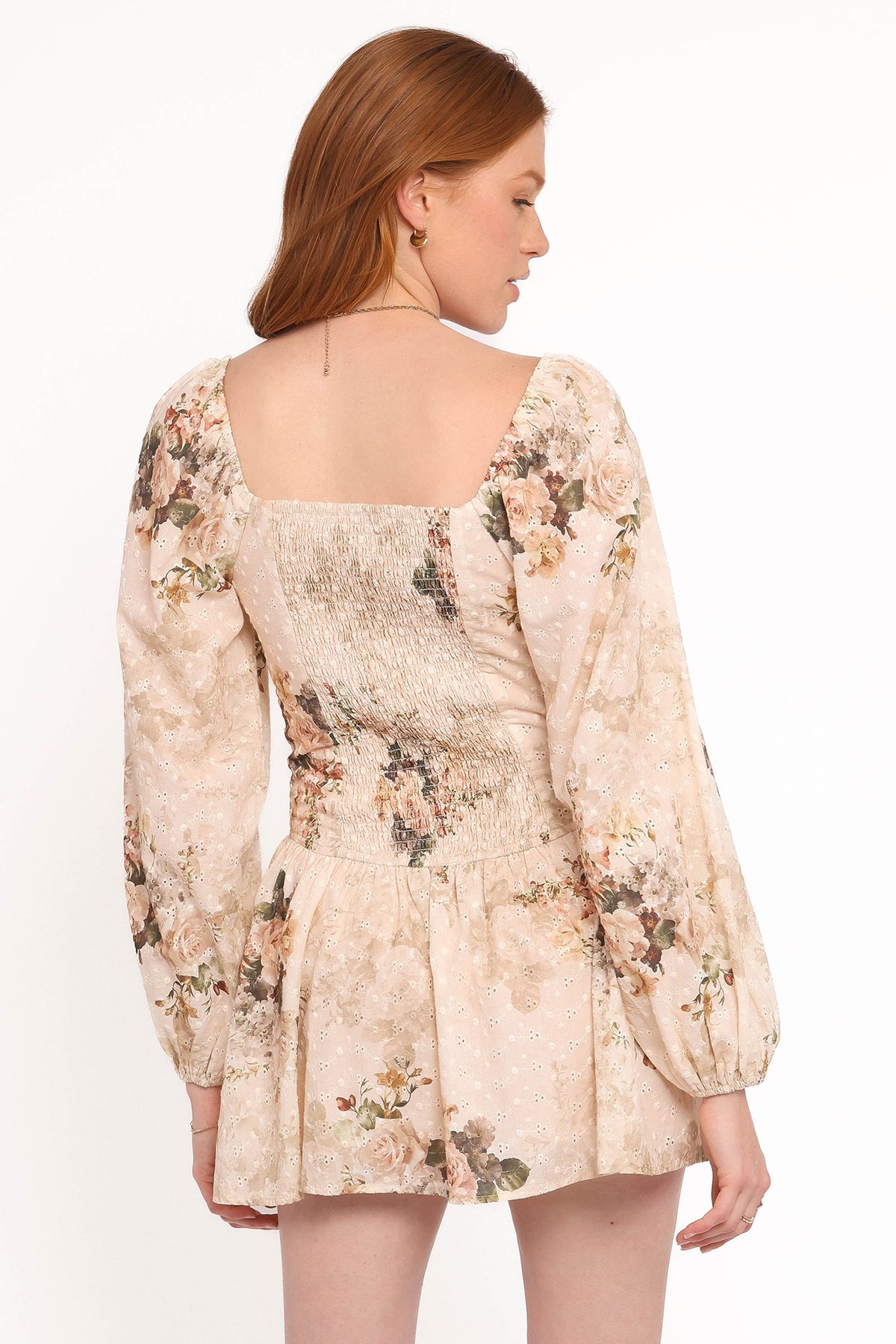Greta Long Sleeve Romper in Beige Floral – view 4 of 7