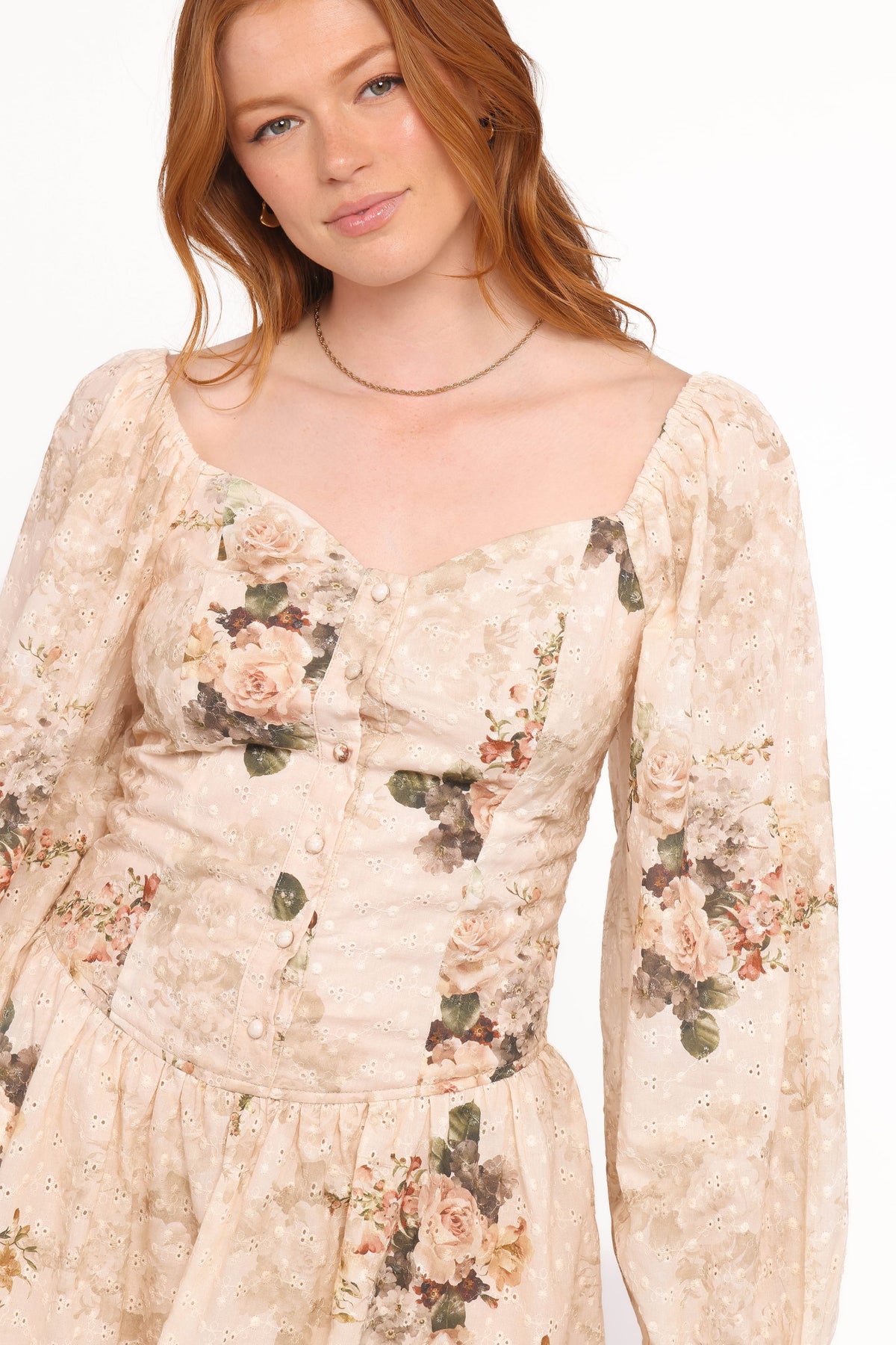 Greta Long Sleeve Romper in Beige Floral – view 2 of 7