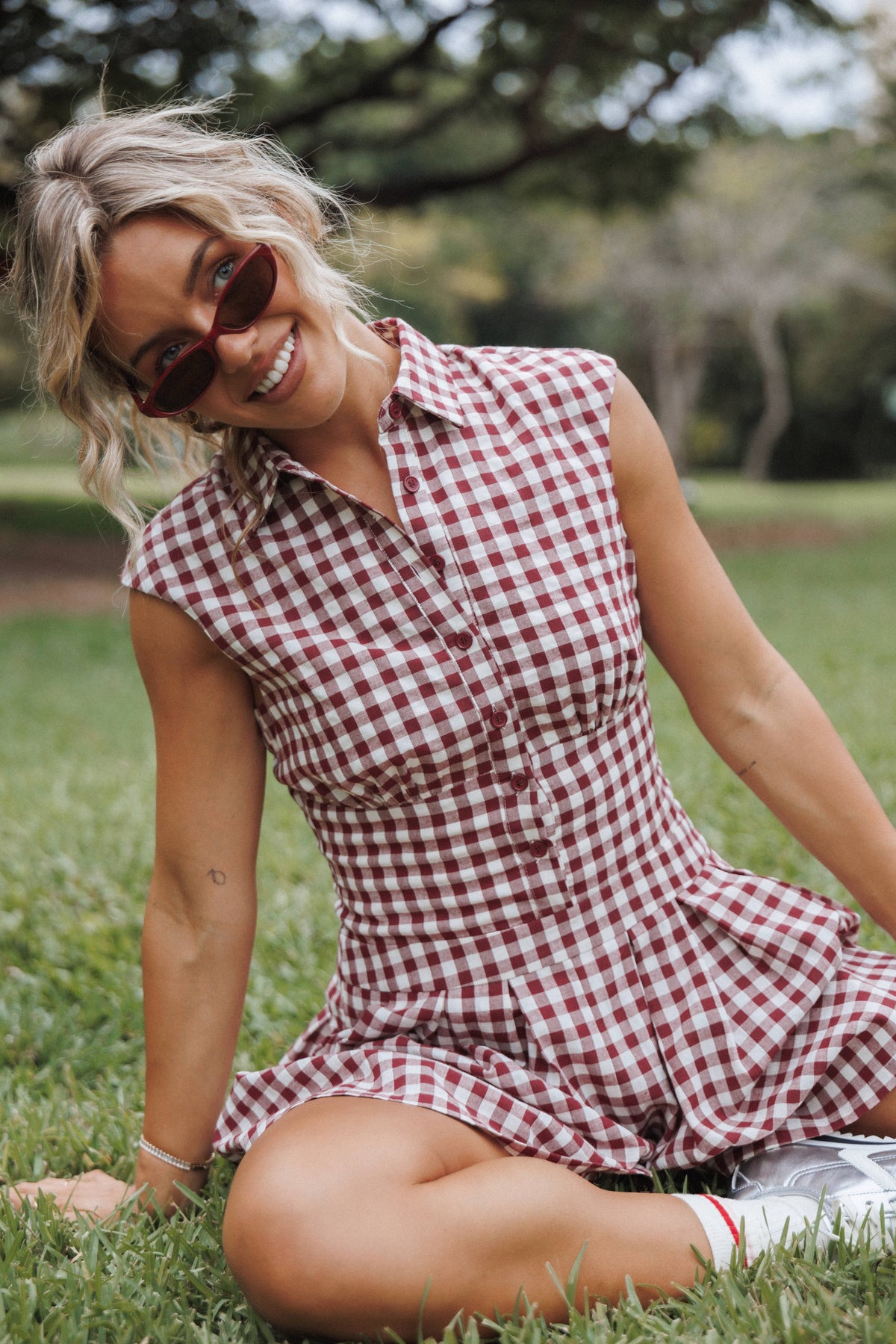 Helen Button Front Romper in Burgundy Gingham – view 7 of 7