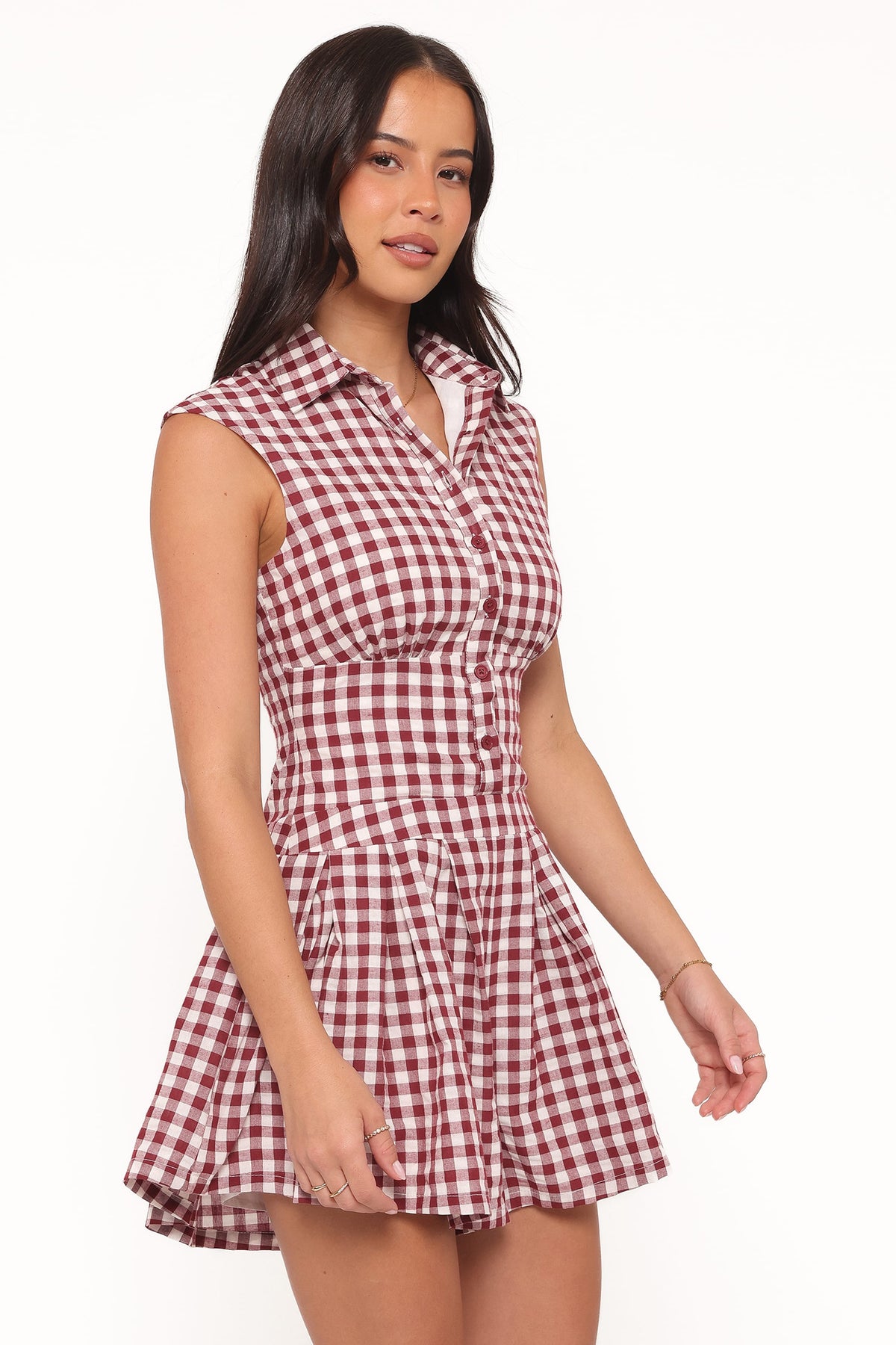 Helen Button Front Romper in Burgundy Gingham – view 4 of 7