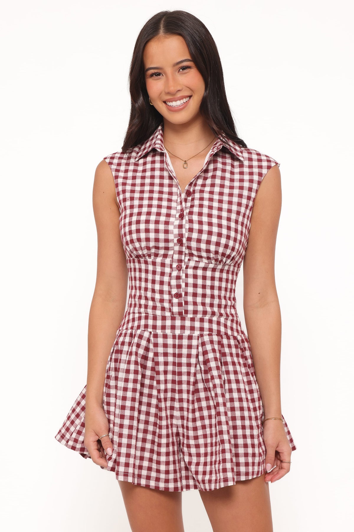 Helen Button Front Romper in Burgundy Gingham – view 2 of 7