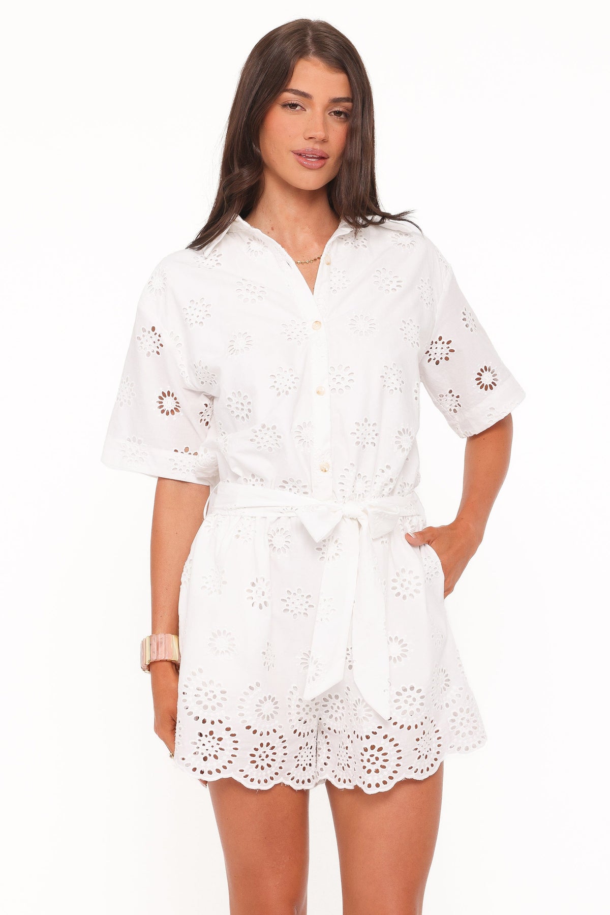 Jamie Tie Front Romper in White Broderie – view 6 of 8