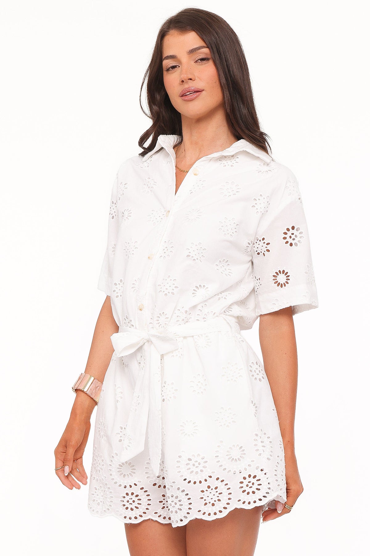 Jamie Tie Front Romper in White Broderie – view 4 of 8