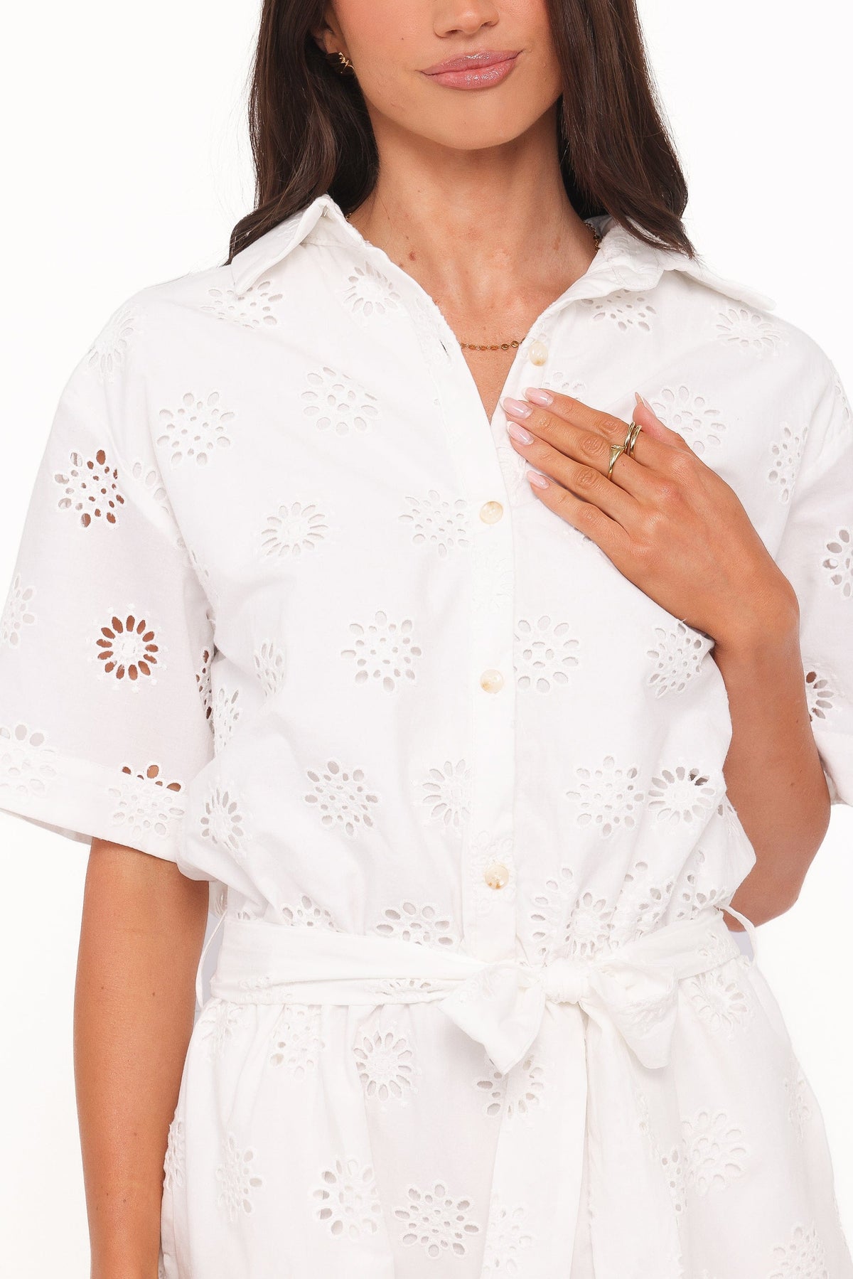 Jamie Tie Front Romper in White Broderie – view 3 of 8