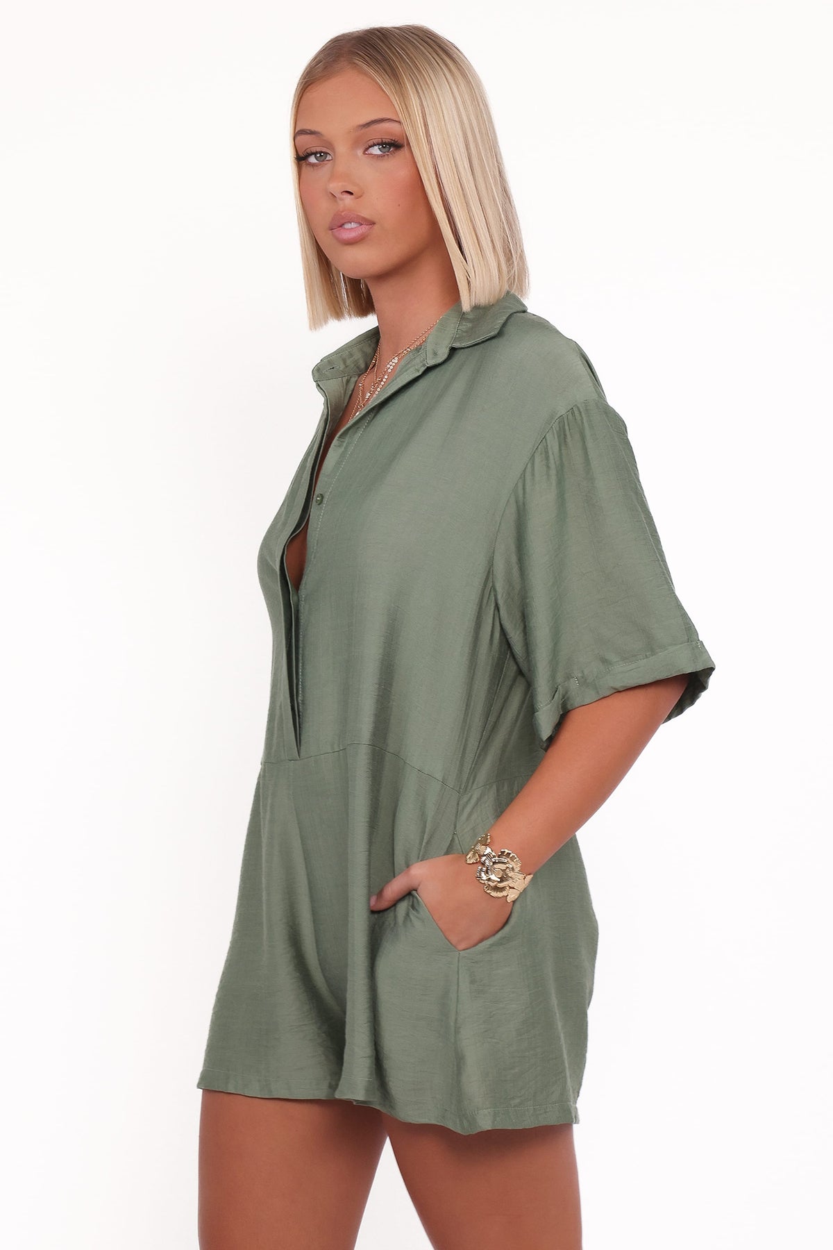 Kiya Drop Waist Romper in Palm Green – view 4 of 7