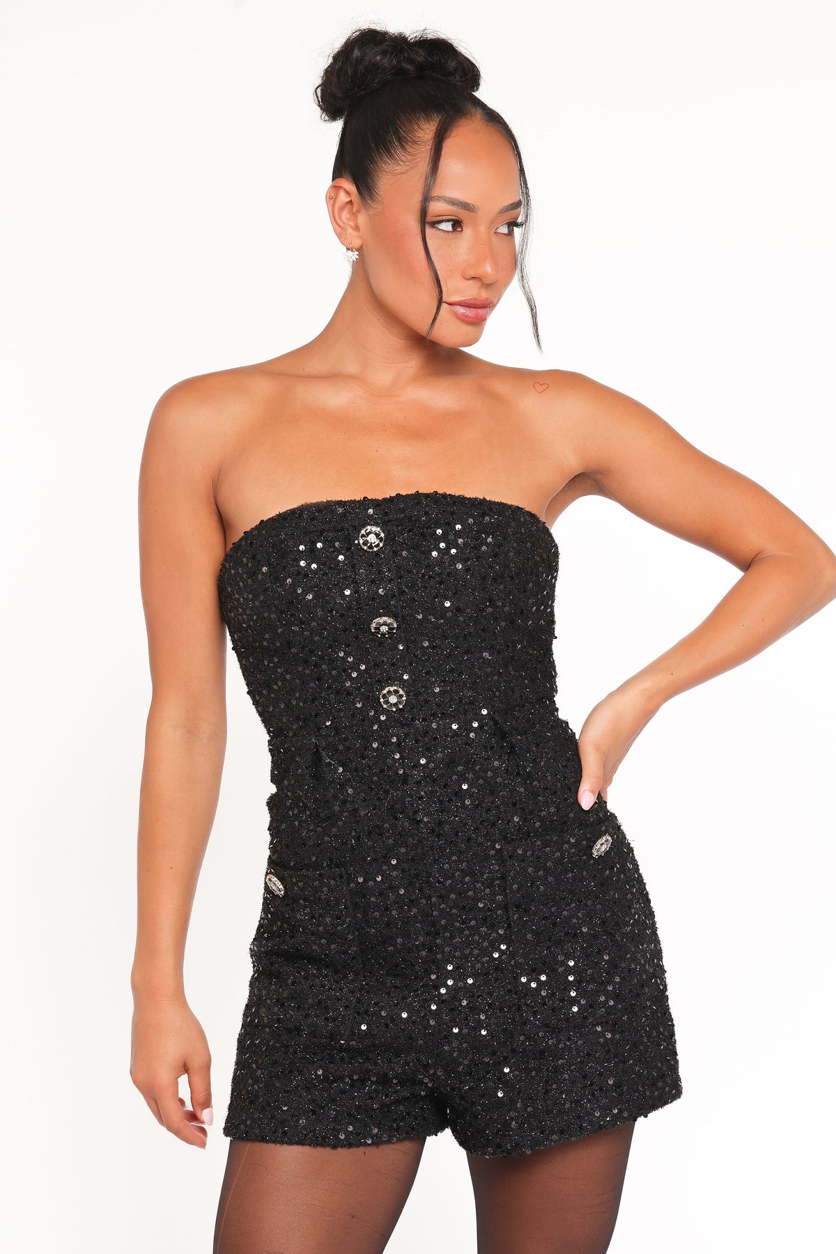 Madeline Strapless Tweed Romper in Black – view 2 of 8
