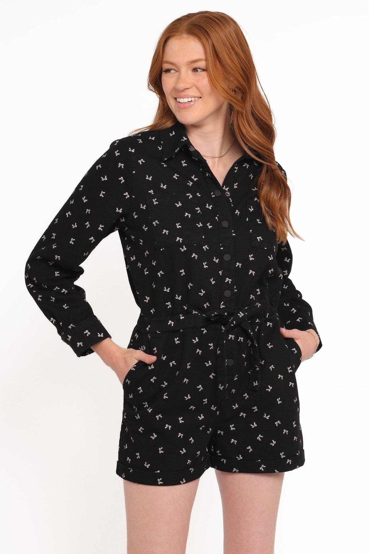 Niqui Long Sleeve Romper in Black Cream – view 1 of 6