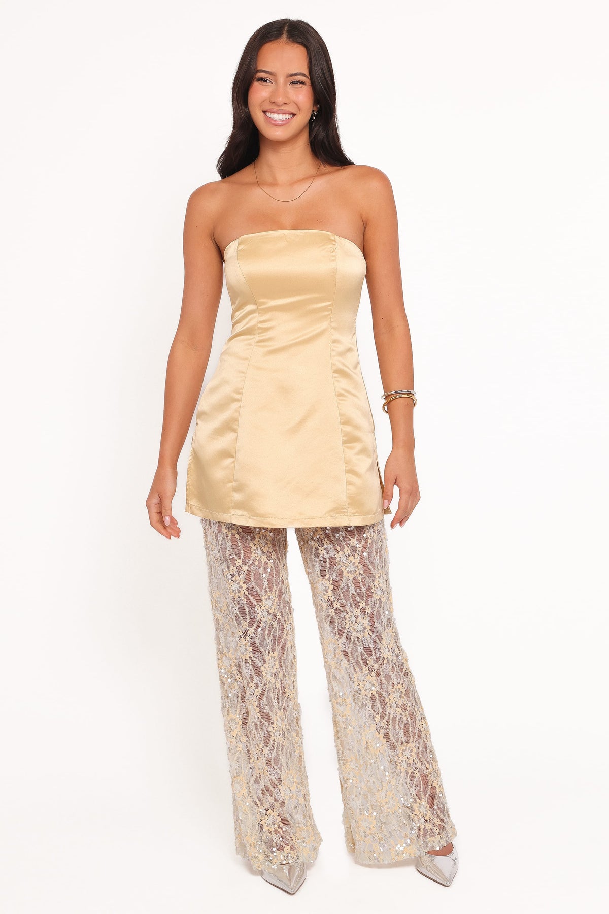 Oxley Strapless Jumpsuit in Mango Sequin – view 2 of 7