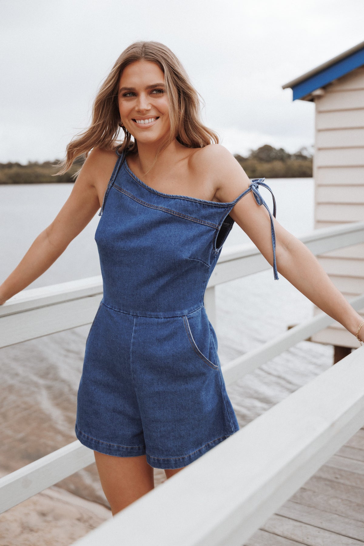 Tatum Off Shoulder Romper in Dark Denim – view 1 of 8