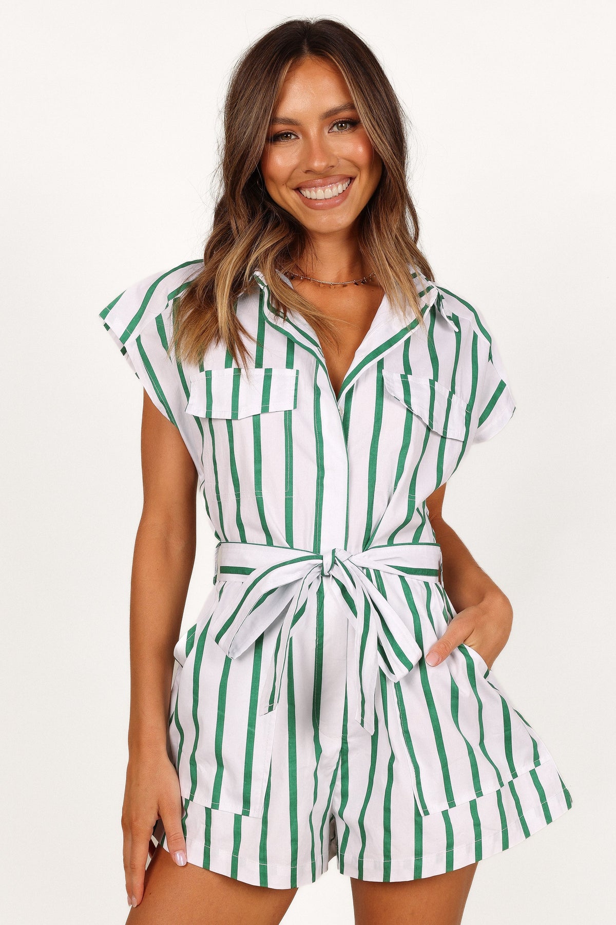 Addie Tie Waist Romper in White/Green – view 1 of 6