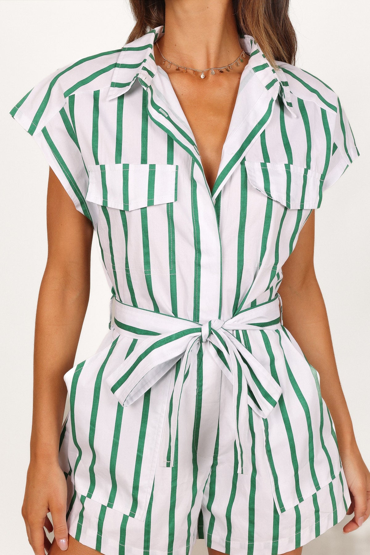 Addie Tie Waist Romper in White/Green – view 6 of 6