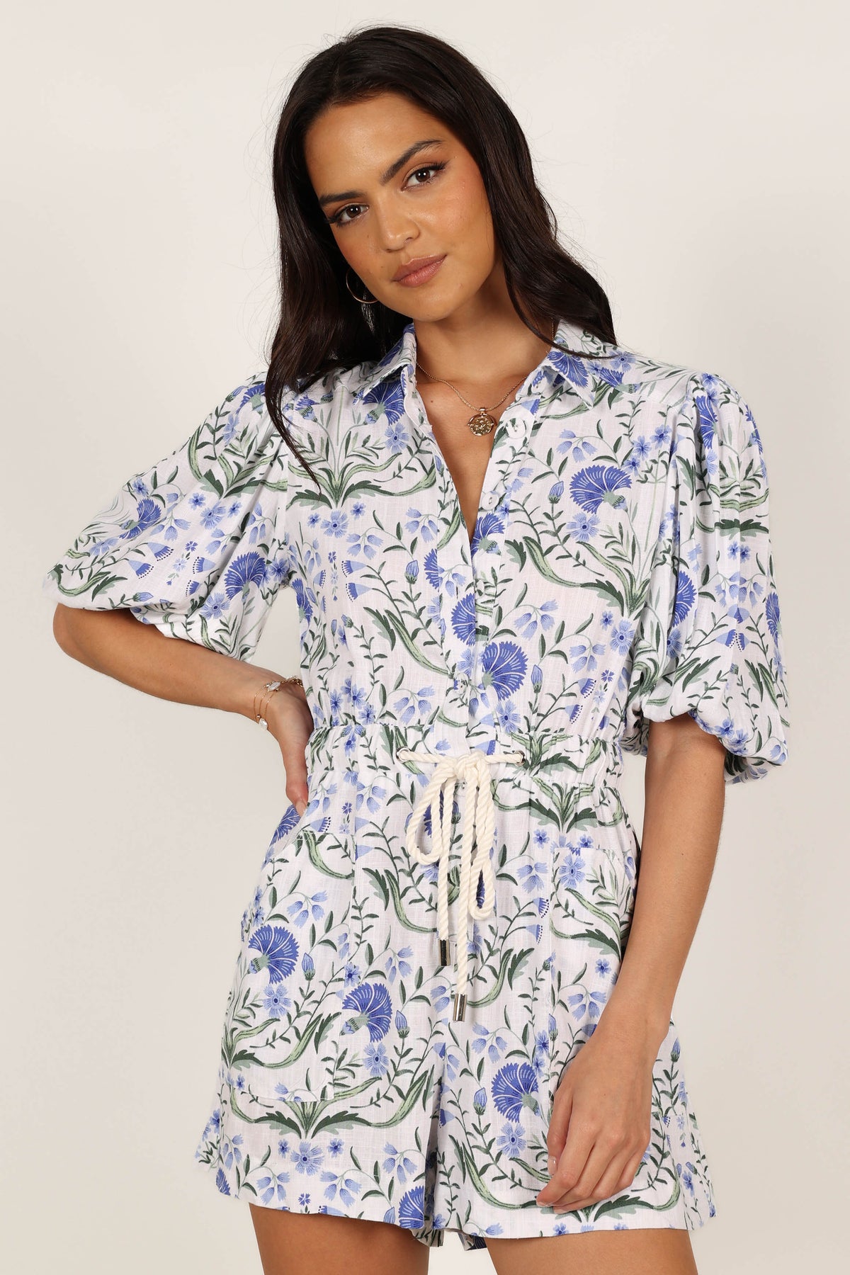 Annie Linen Romper in Blue Floral – view 1 of 7