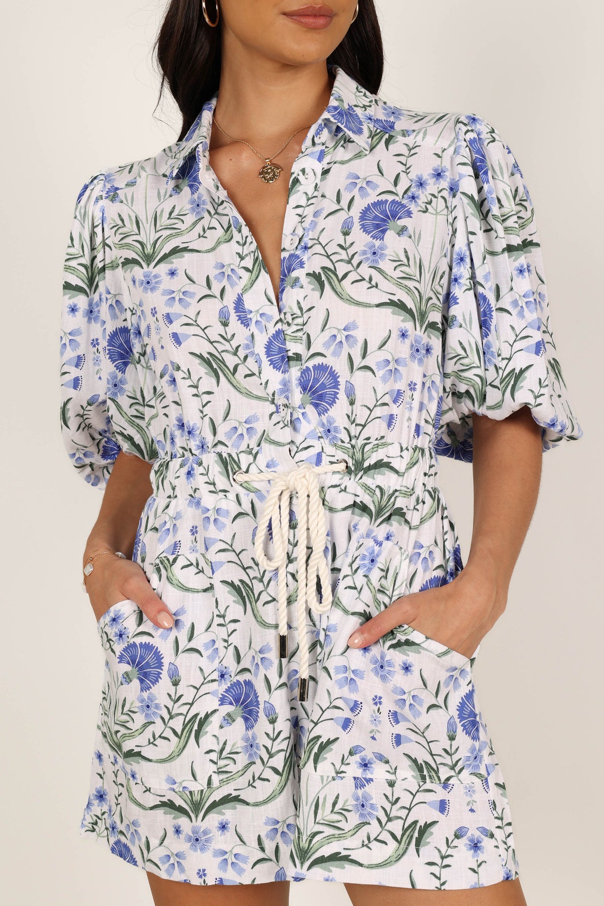 Annie Linen Romper in Blue Floral – view 2 of 7