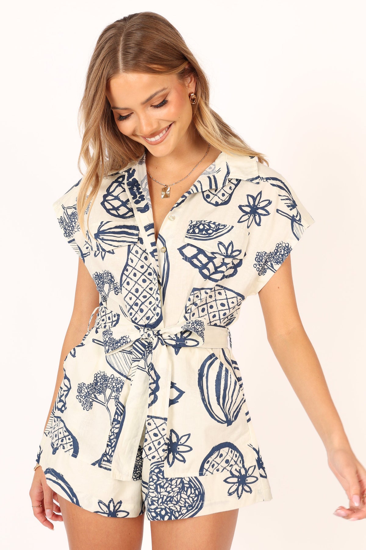 Georgina Tie Waist Romper in Navy – view 3 of 9