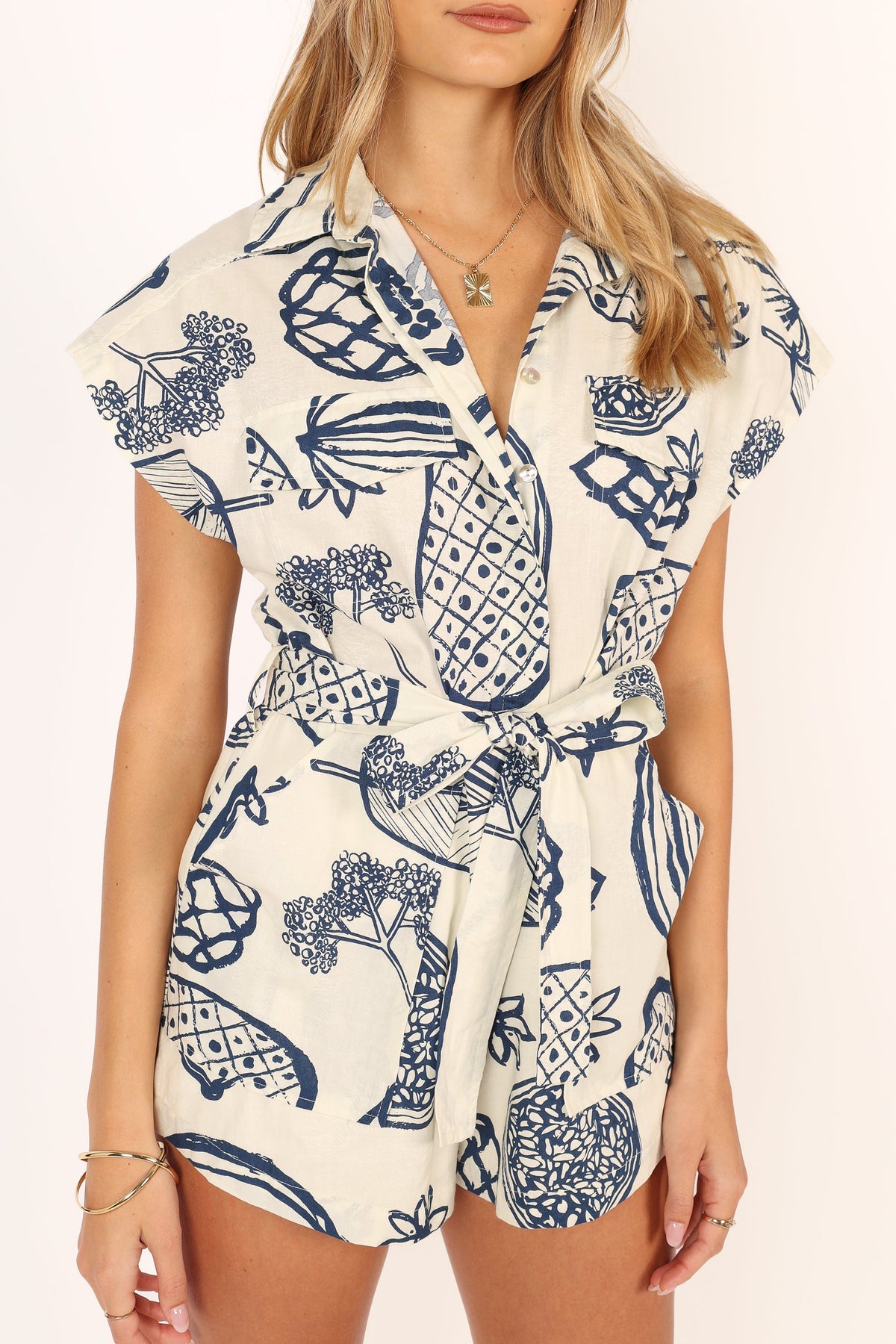 Georgina Tie Waist Romper in Navy – view 8 of 9