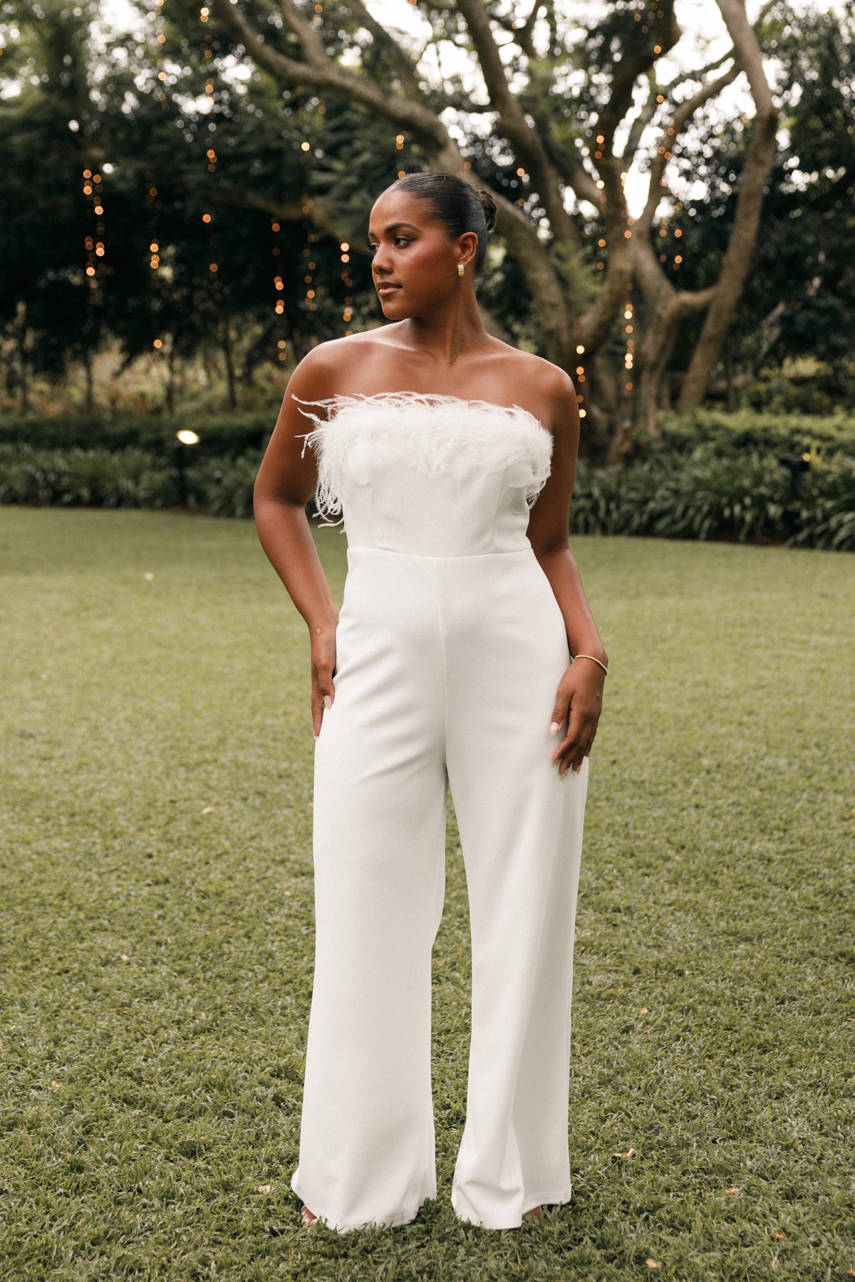 Louise Feather Trim Jumpsuit in White – view 2 of 10