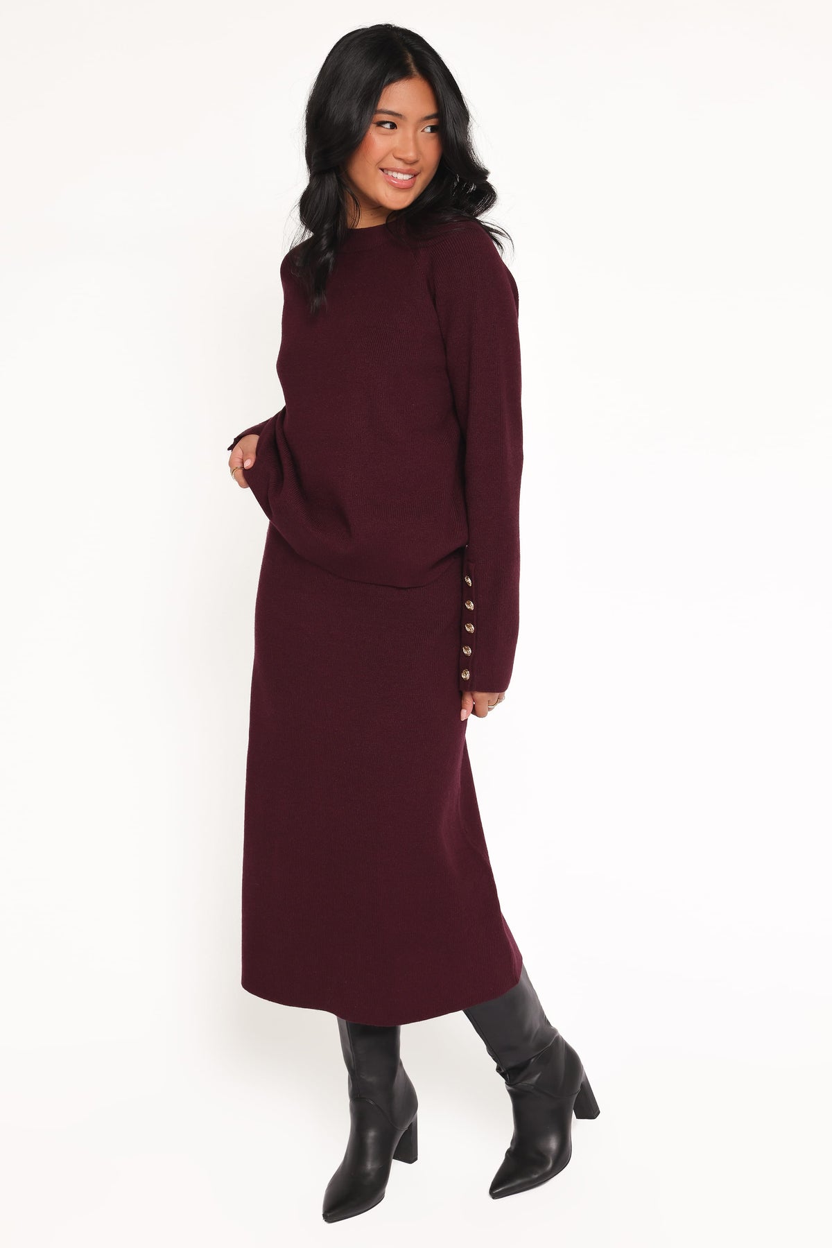 Bridget Maxi Skirt Sweater Set in Maroon – view 3 of 7