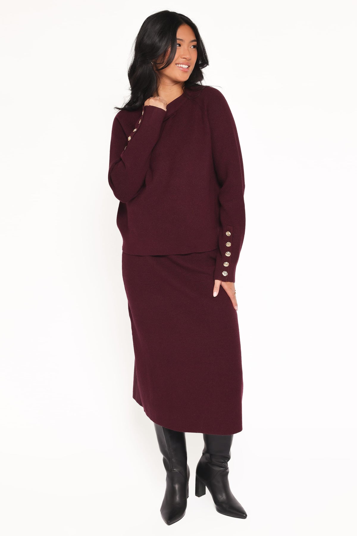 Bridget Maxi Skirt Sweater Set in Maroon – view 1 of 7
