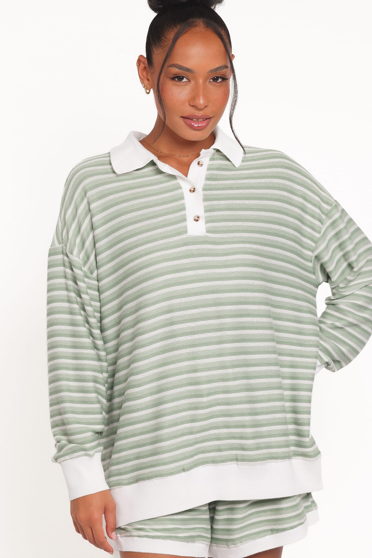 Dealia Knit Short Set in Sage Stripe – view 2 of 7