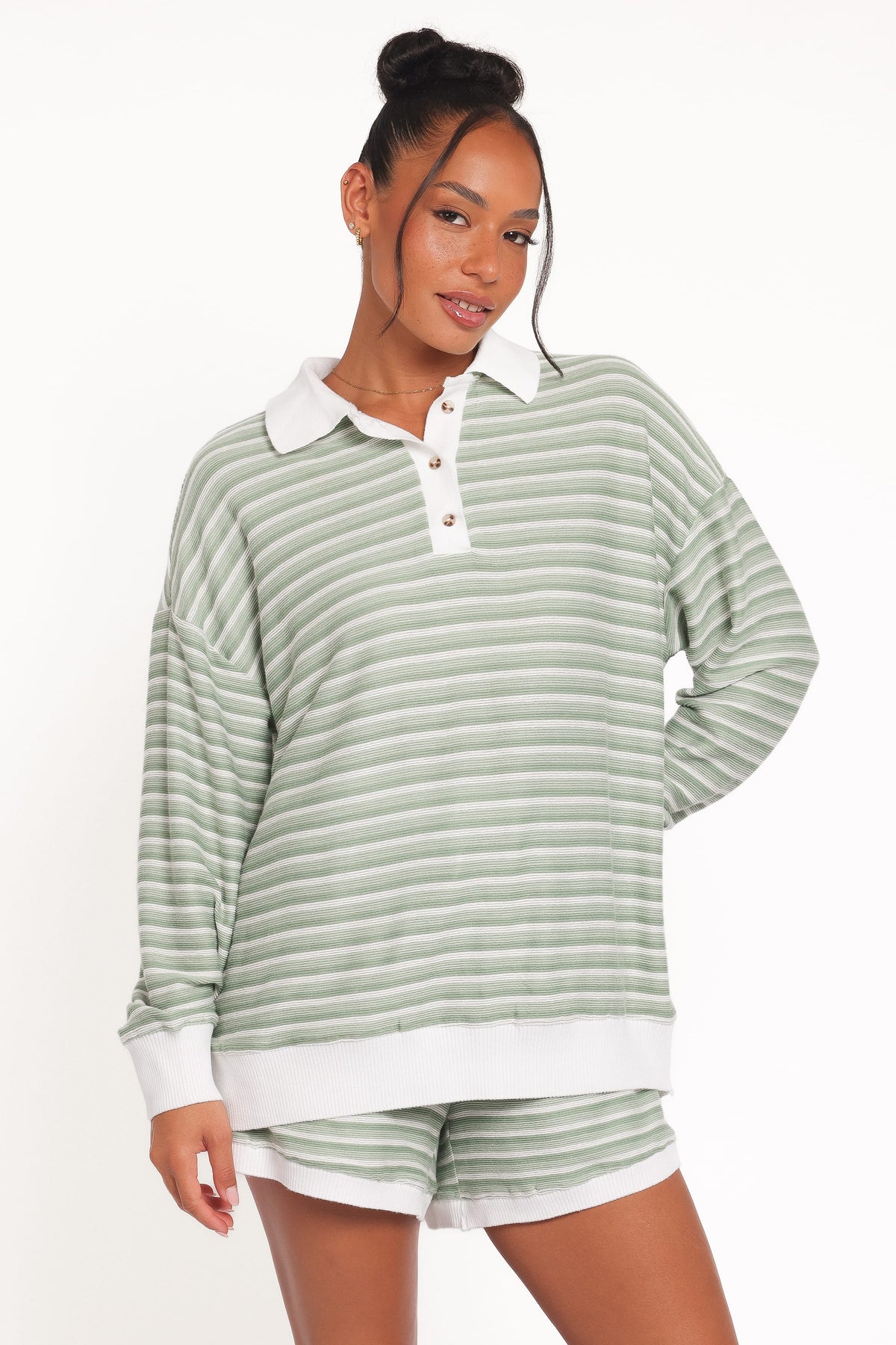 Dealia Knit Short Set in Sage Stripe – view 1 of 7