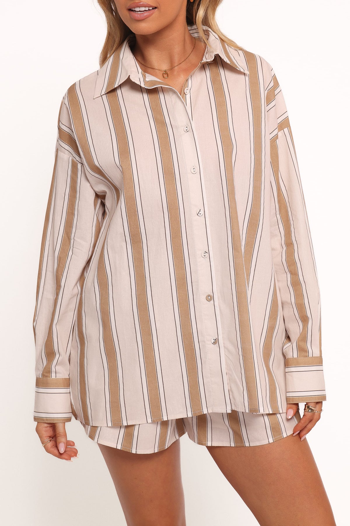 Dean Long Sleeve Short Set in Beige Stripe – view 5 of 7