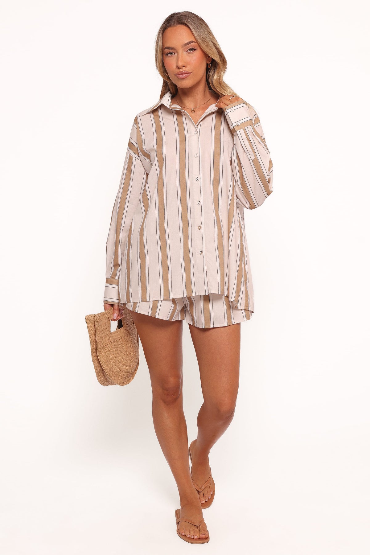Dean Long Sleeve Short Set in Beige Stripe – view 2 of 7