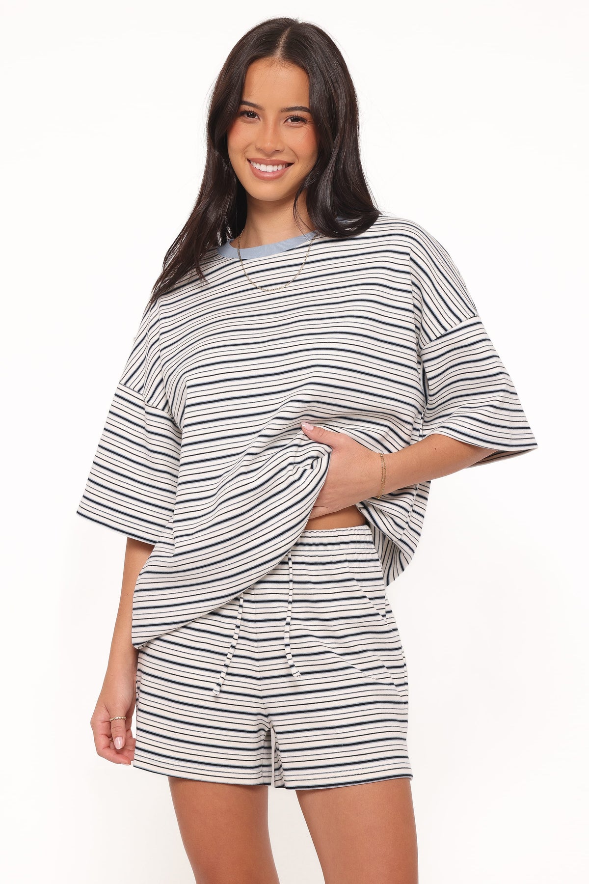 Hellen Stripe Short Set in Blue/Cream Stripe – view 2 of 8