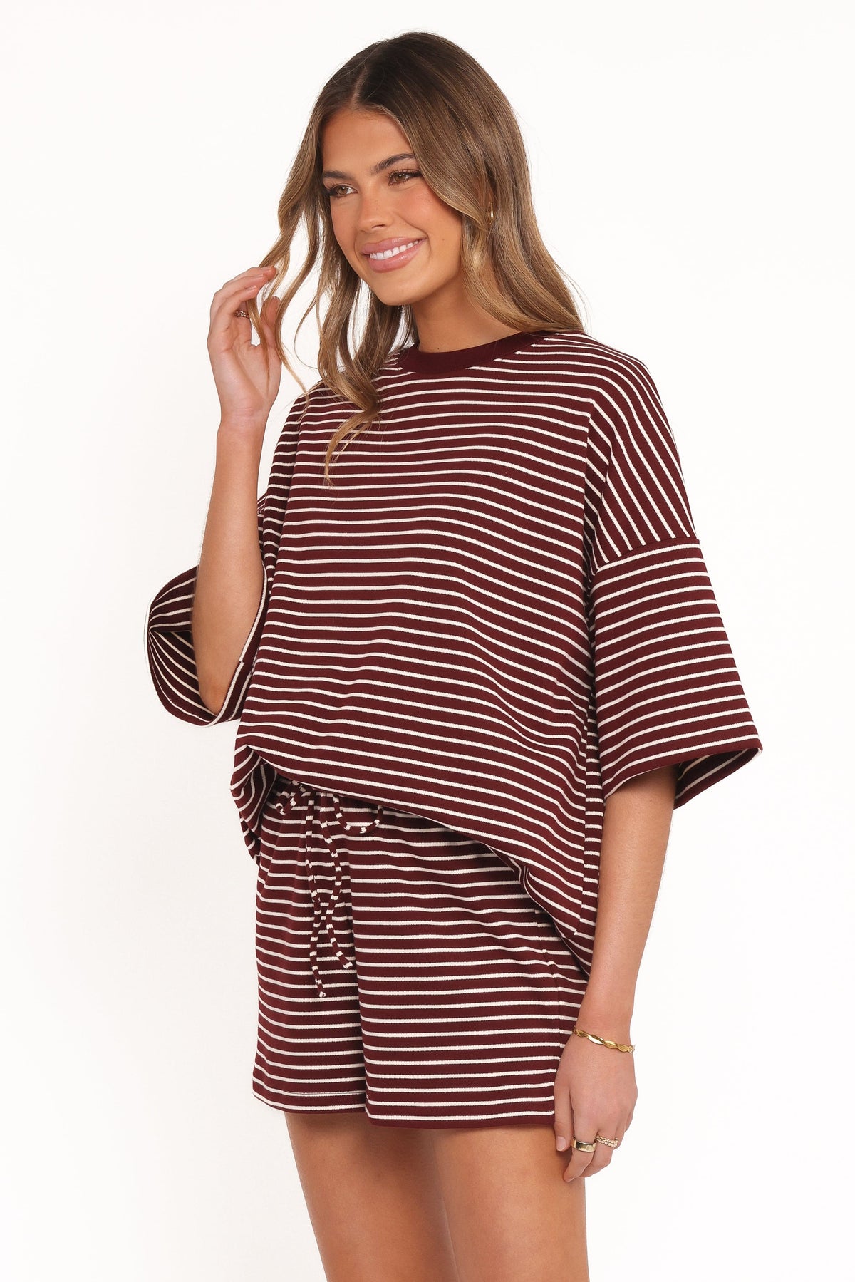 Hellen Stripe Short Set in Burgundy Cream Stripe – view 4 of 9