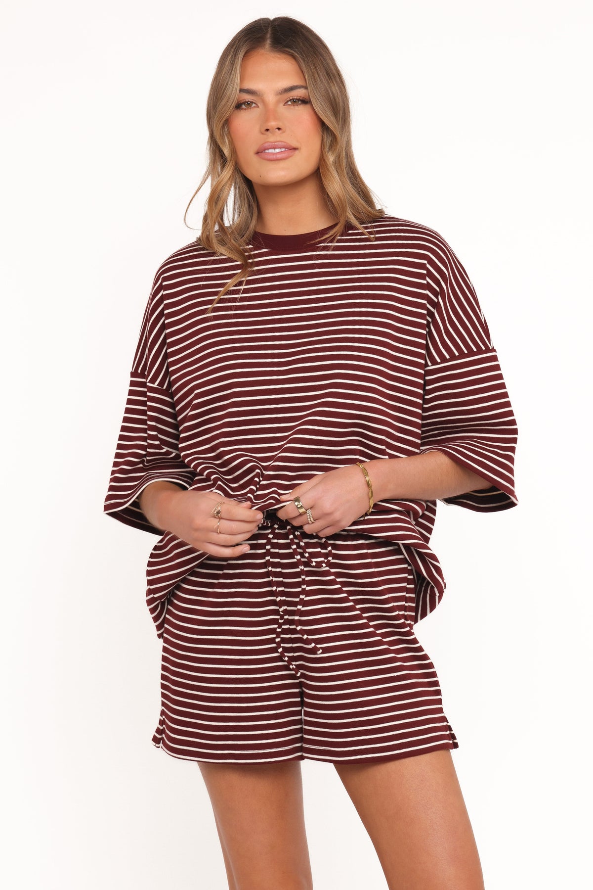 Hellen Stripe Short Set in Burgundy Cream Stripe – view 2 of 9