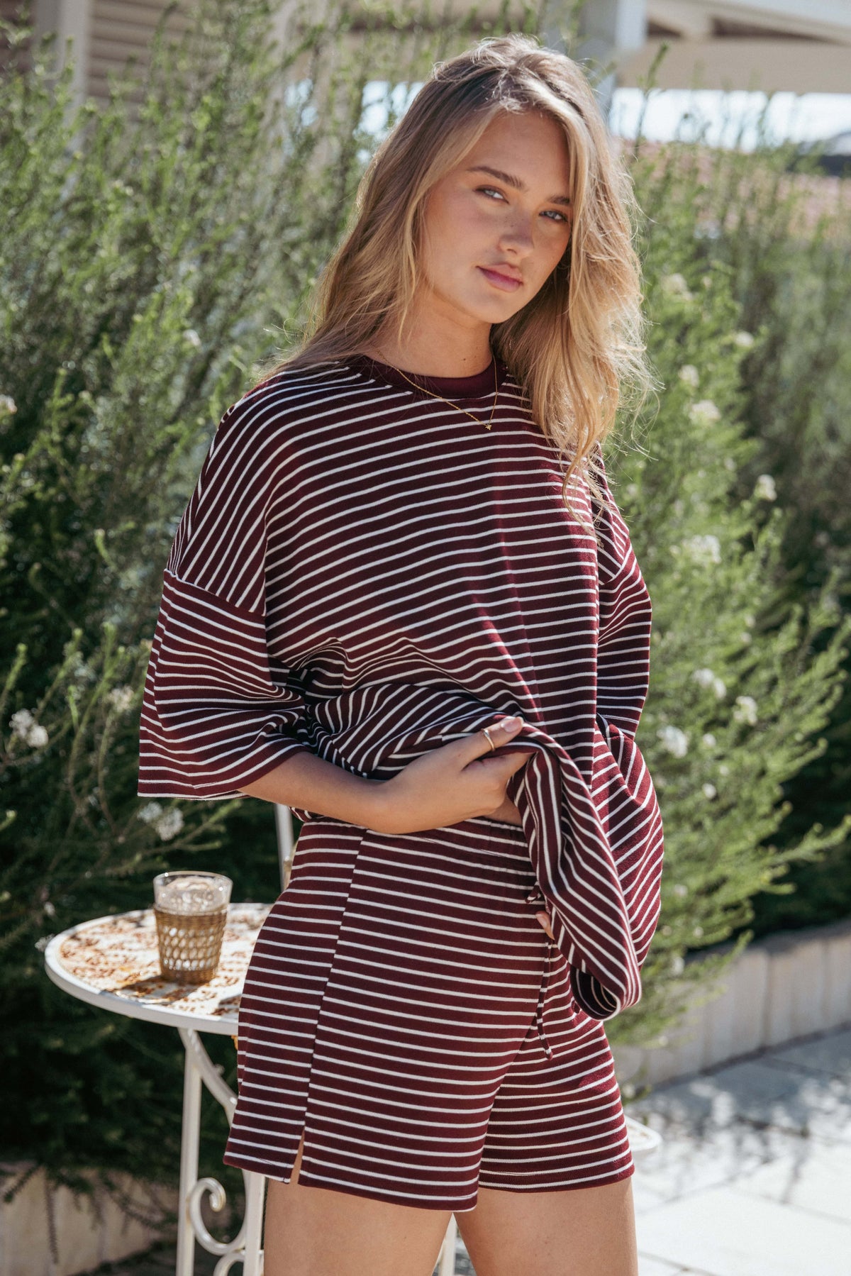 Hellen Stripe Short Set in Burgundy Cream Stripe – view 1 of 9