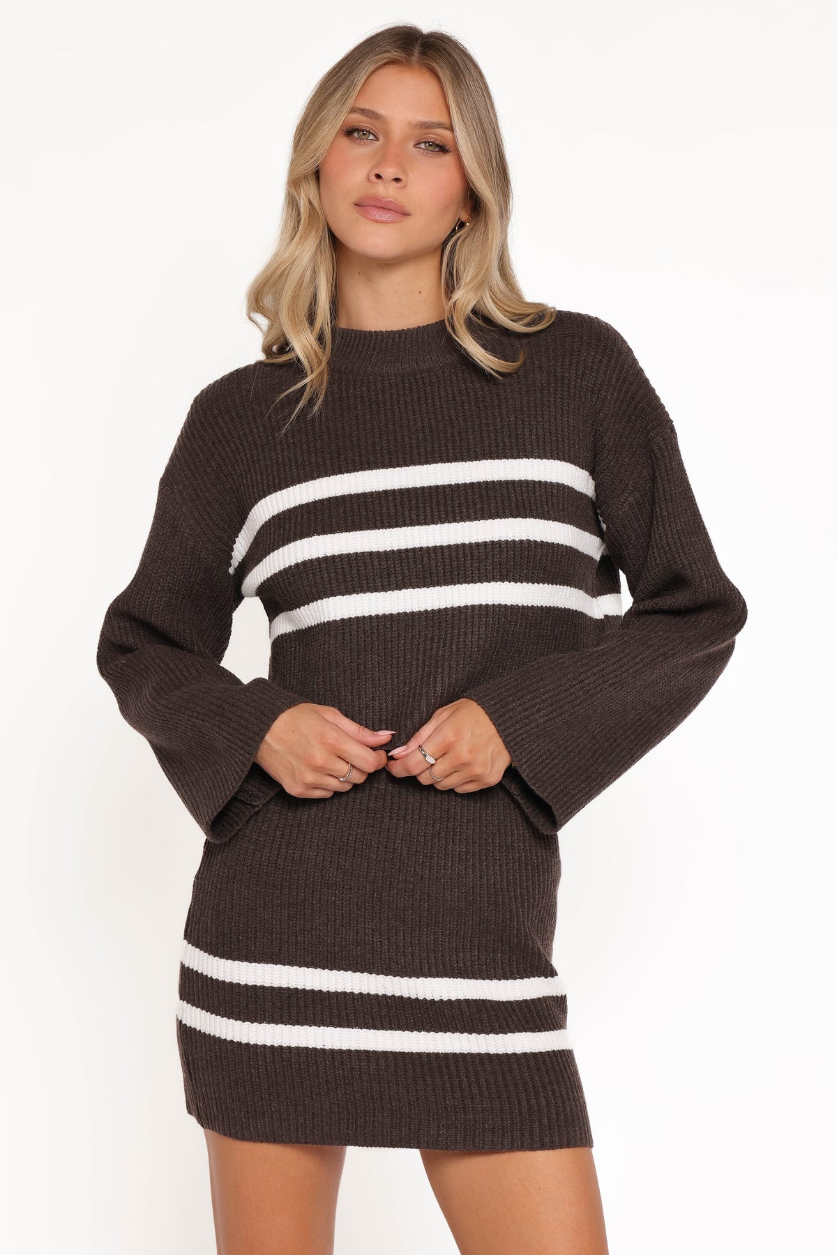 Sara Sweater Set Mini Skirt in Chocolate Cream Stripe – view 1 of 6