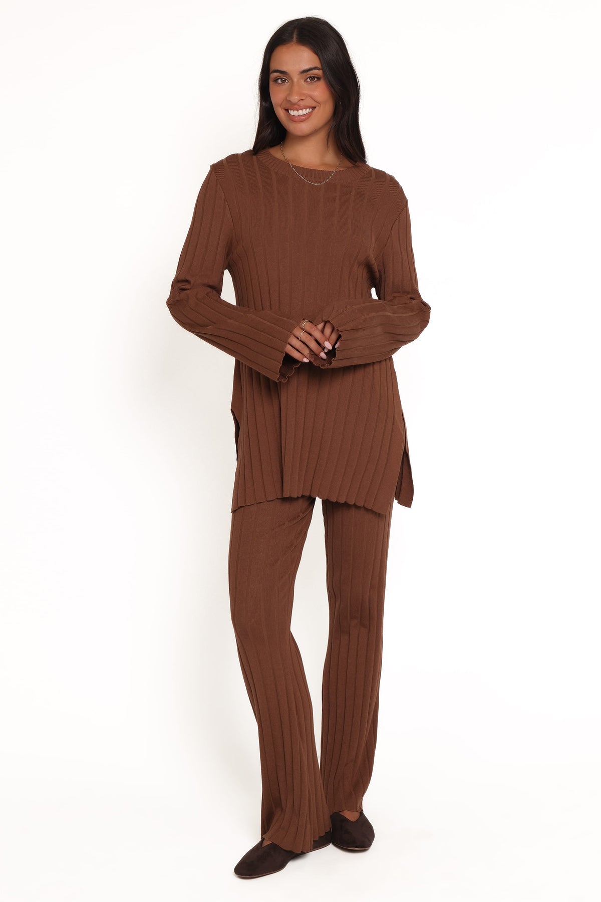 Silvie Long Sleeve Knitted Set in Chocolate – view 1 of 5