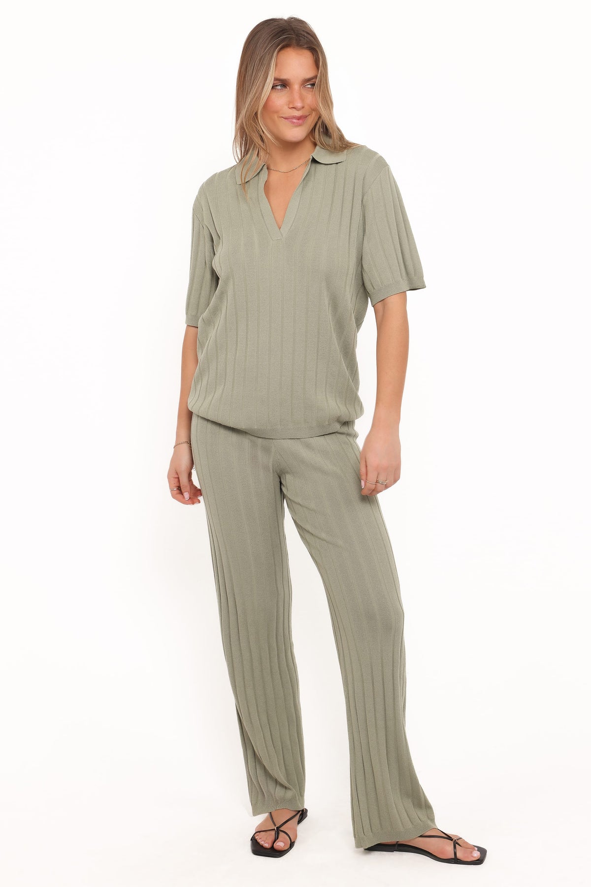 Yulissa Wide Ribbed Pant Set in Khaki Green – view 2 of 7