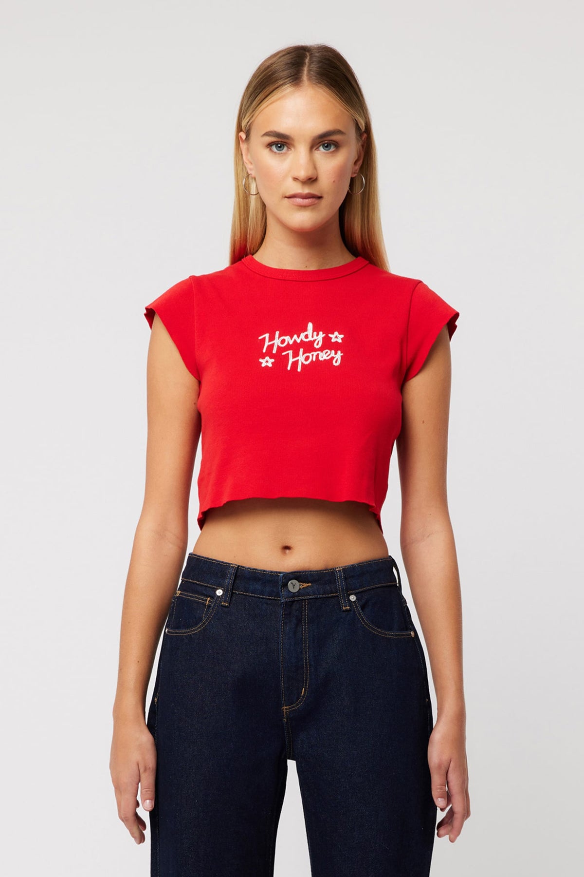Abrand 90s Rib Cut Off Tee in Red – view 1 of 4