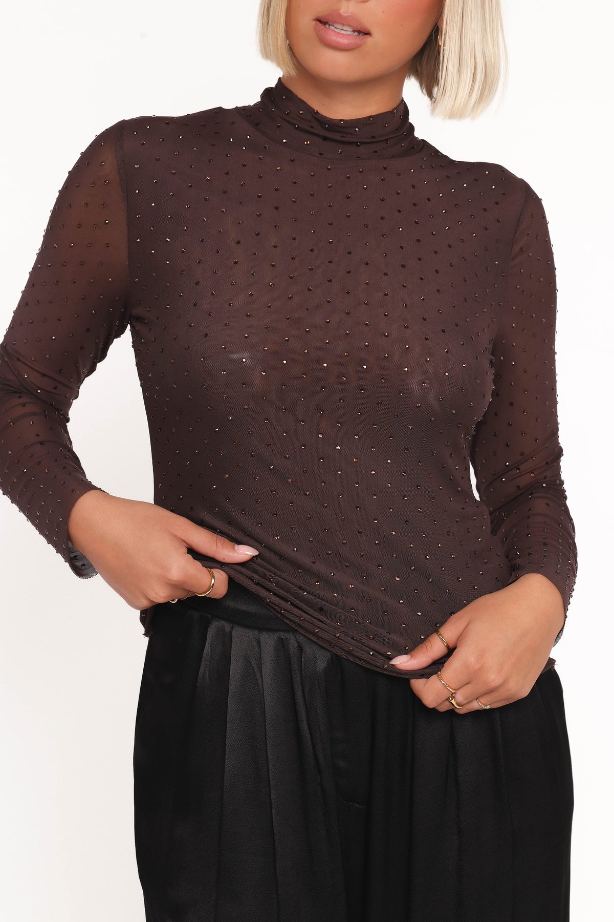 Alejandra Embellished Mesh Top in Dark Chocolate – view 2 of 7