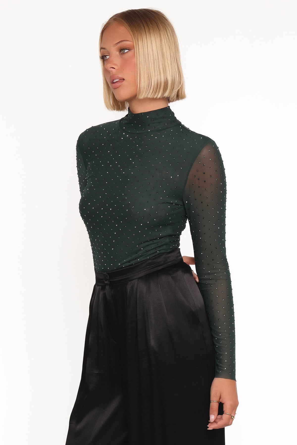 Alejandra Embellished Mesh Top in Hunter Green – view 3 of 6