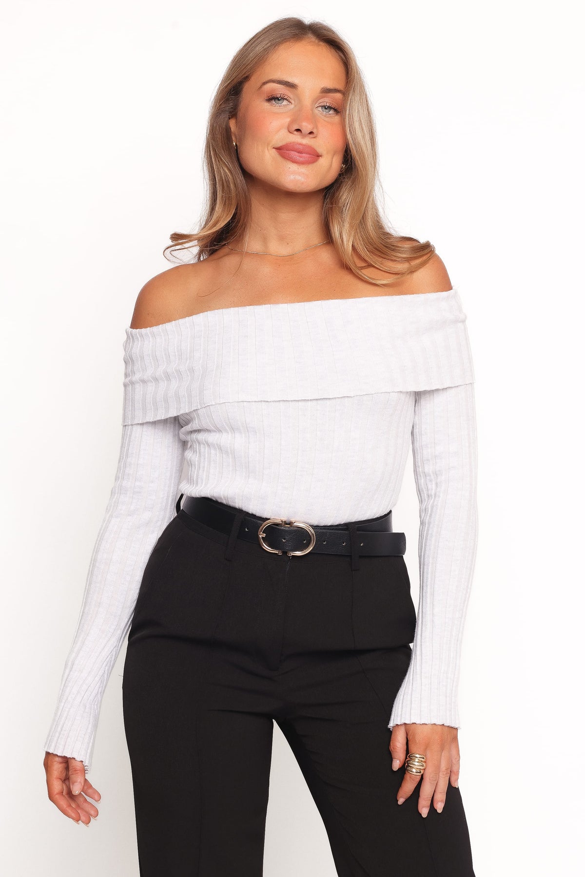 Anderson Wide Rib Off Shoulder Top in Pastel Grey – view 1 of 6