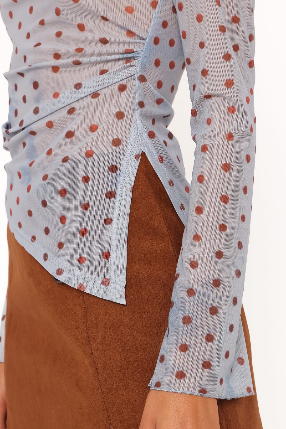 Annora Asymmetrical Mesh Top in Blue Dot – view 2 of 6