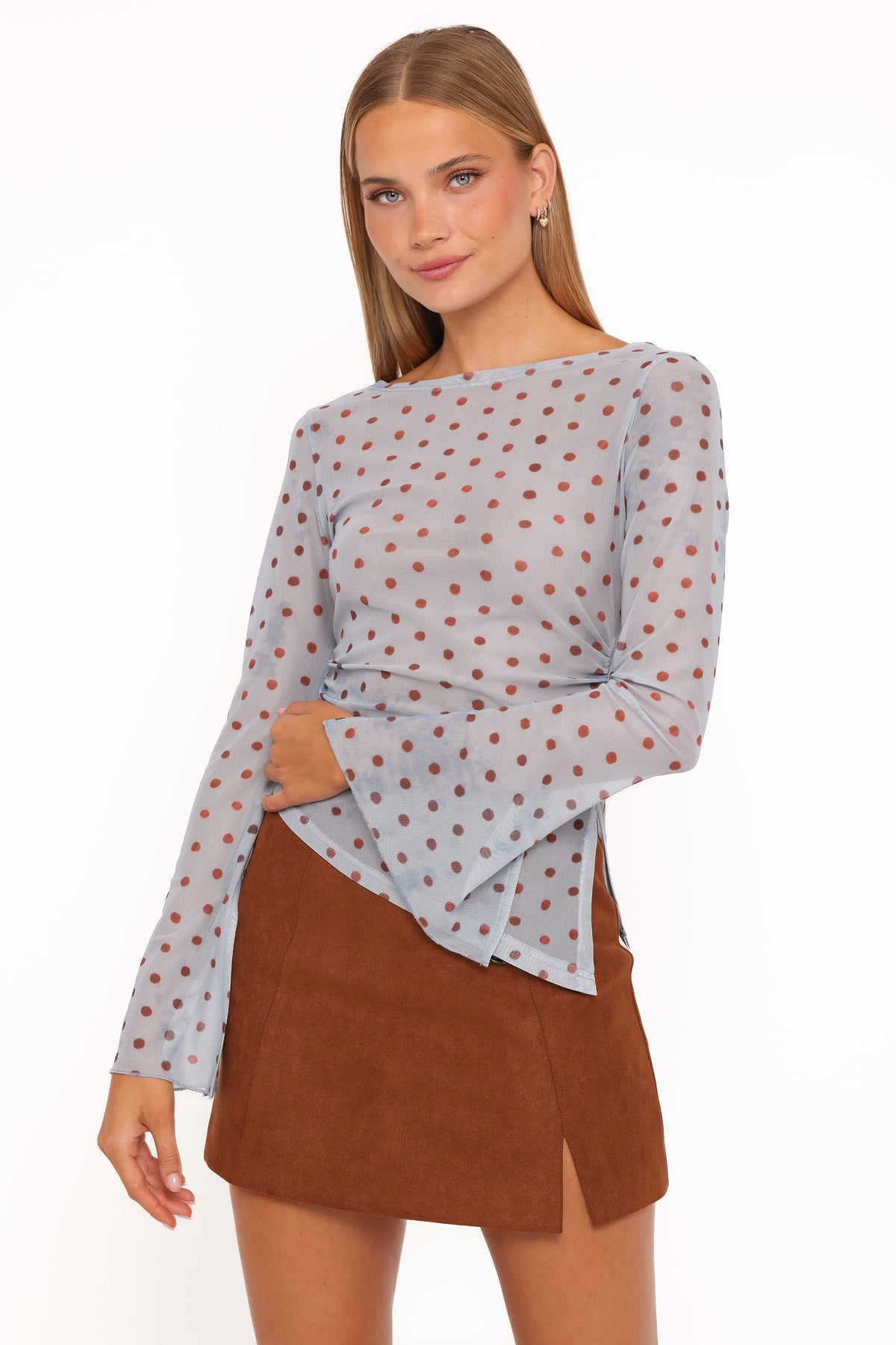 Annora Asymmetrical Mesh Top in Blue Dot – view 1 of 6