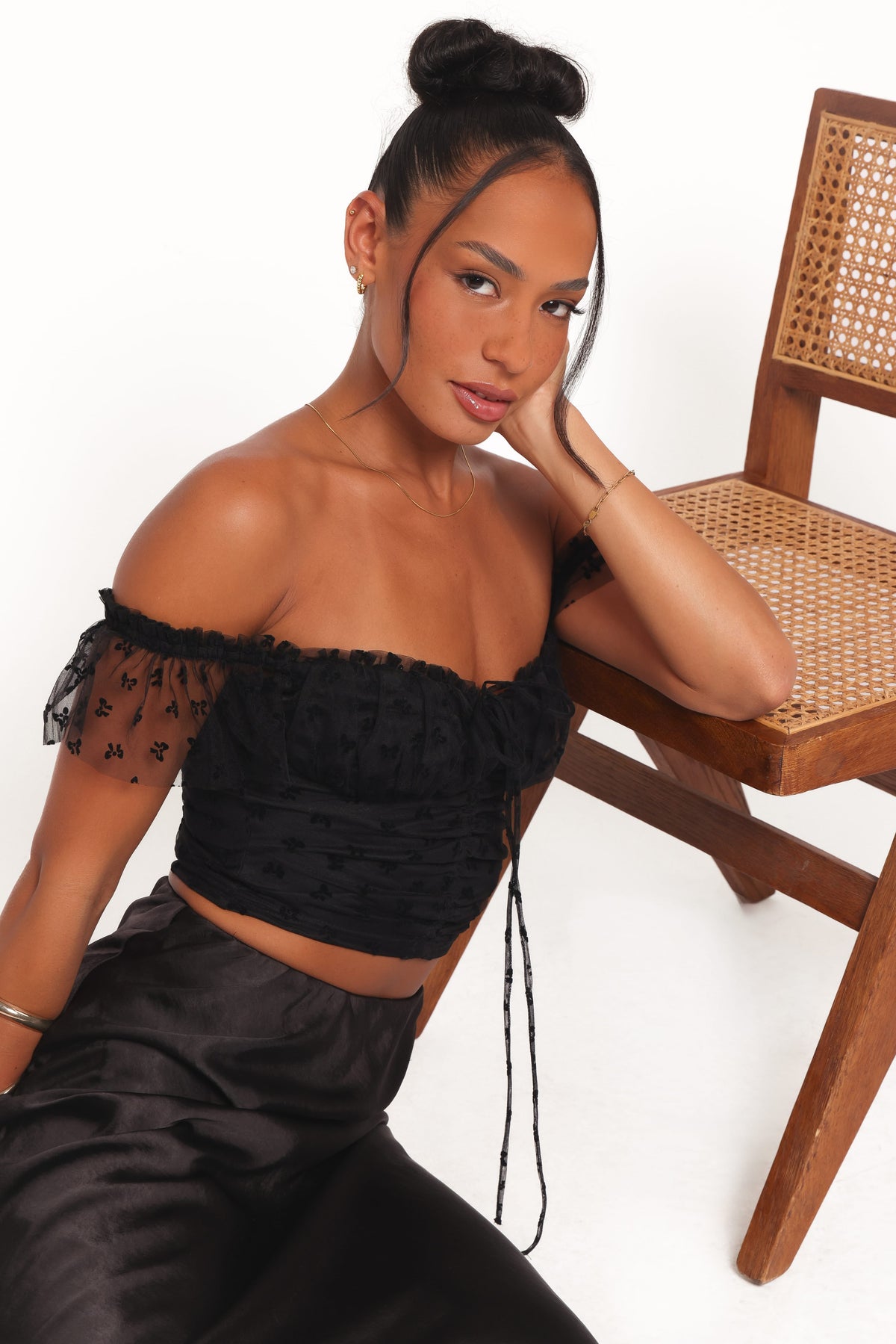 Aster Off Shoulder Mesh Top in Black – view 1 of 7