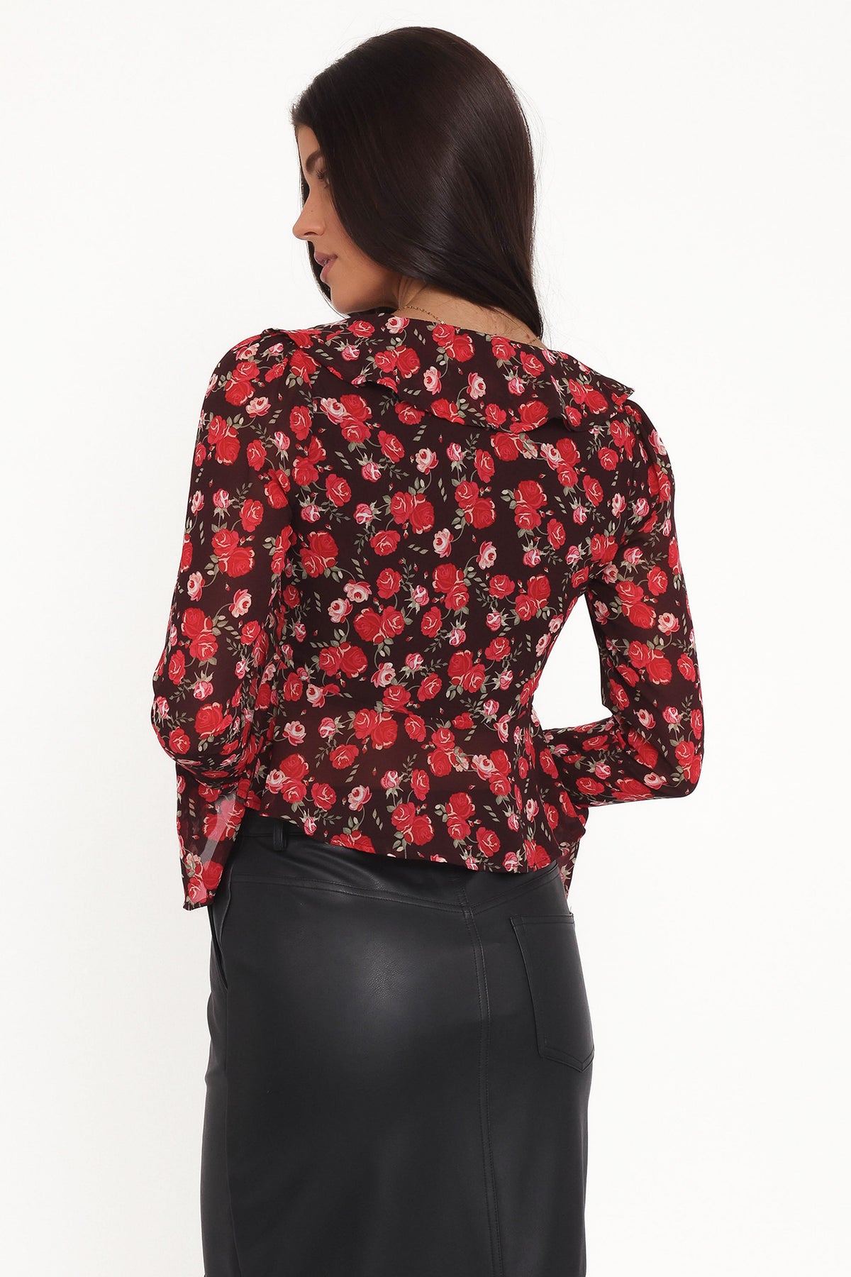 Aveline Chiffon Ruffle Front Top in Brown Floral – view 5 of 8