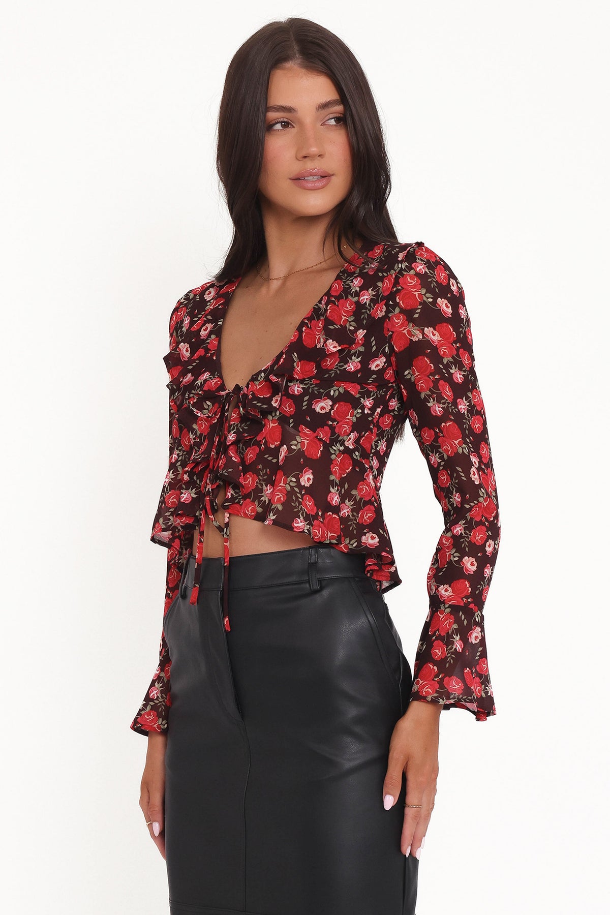 Aveline Chiffon Ruffle Front Top in Brown Floral – view 4 of 8