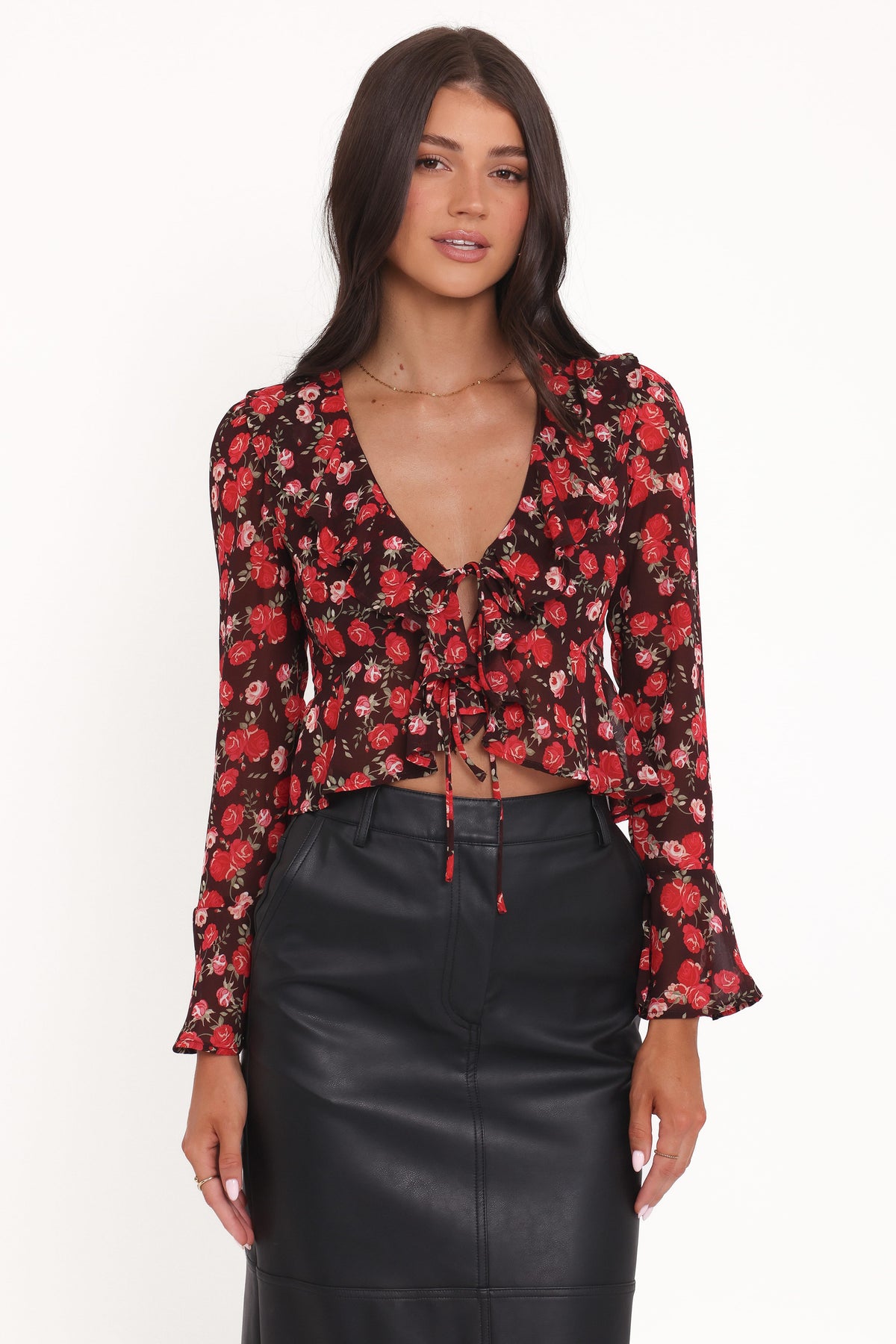 Aveline Chiffon Ruffle Front Top in Brown Floral – view 6 of 8