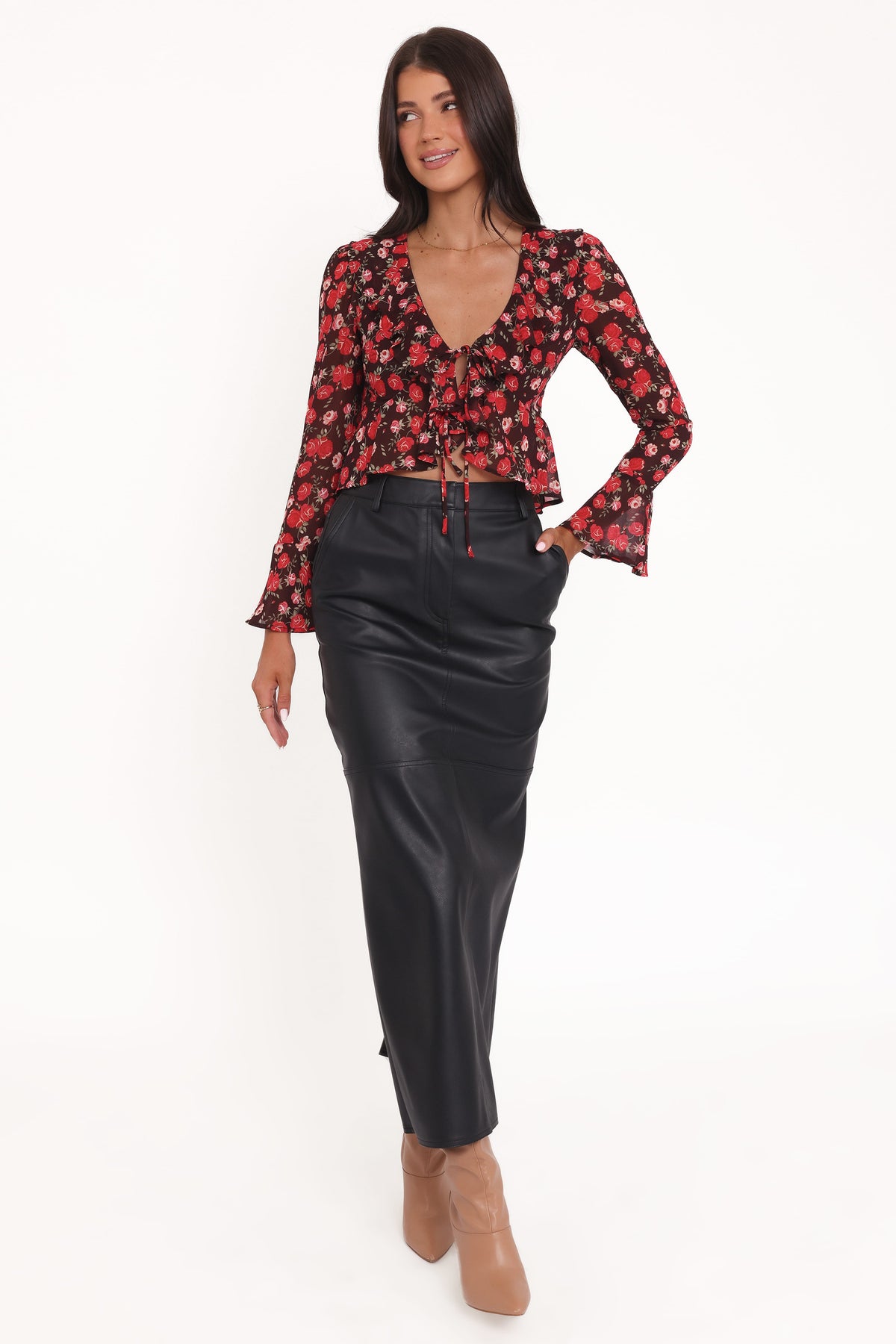 Aveline Chiffon Ruffle Front Top in Brown Floral – view 2 of 8