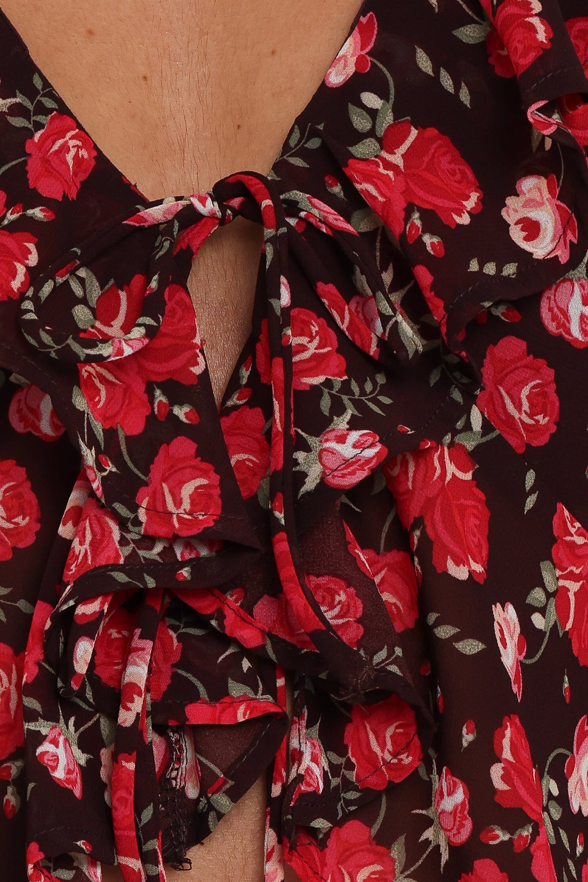 Aveline Chiffon Ruffle Front Top in Brown Floral – view 7 of 8