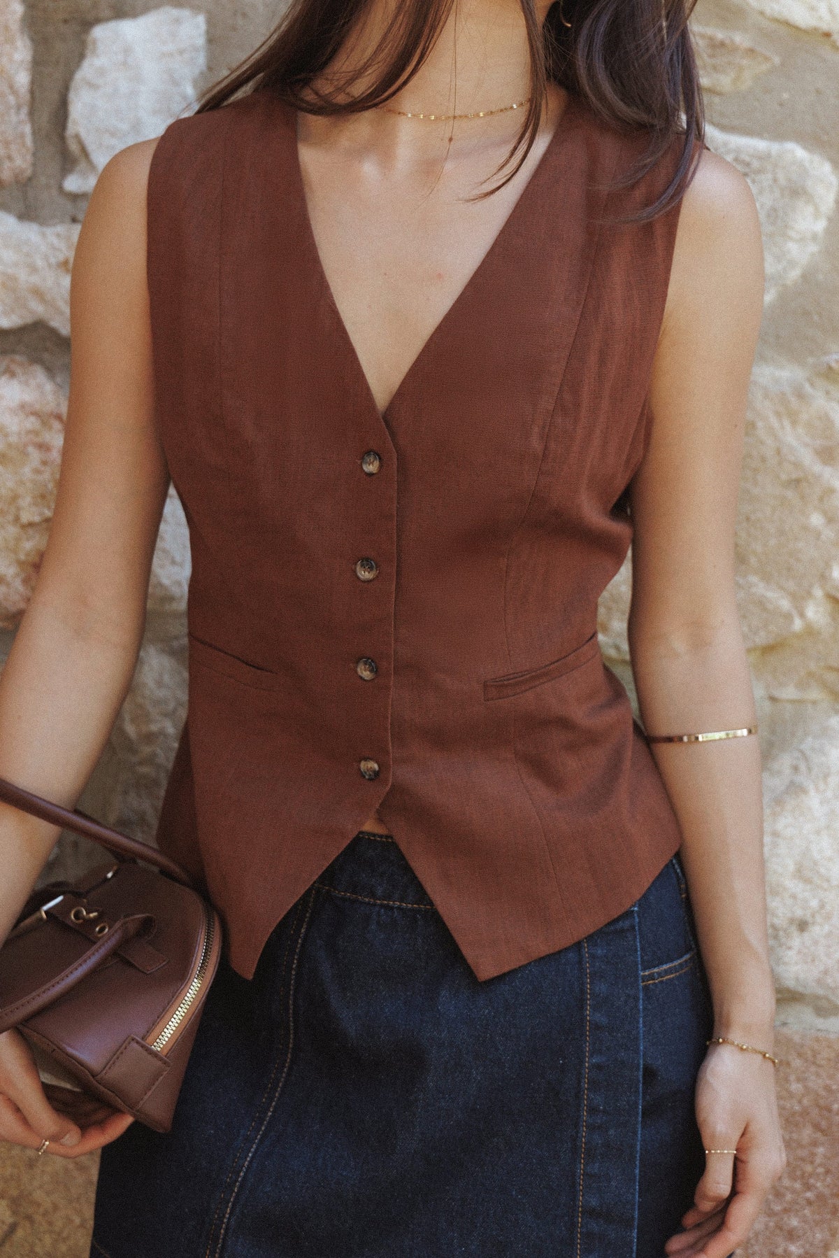 Bell Linen Vest in Brown – view 1 of 8