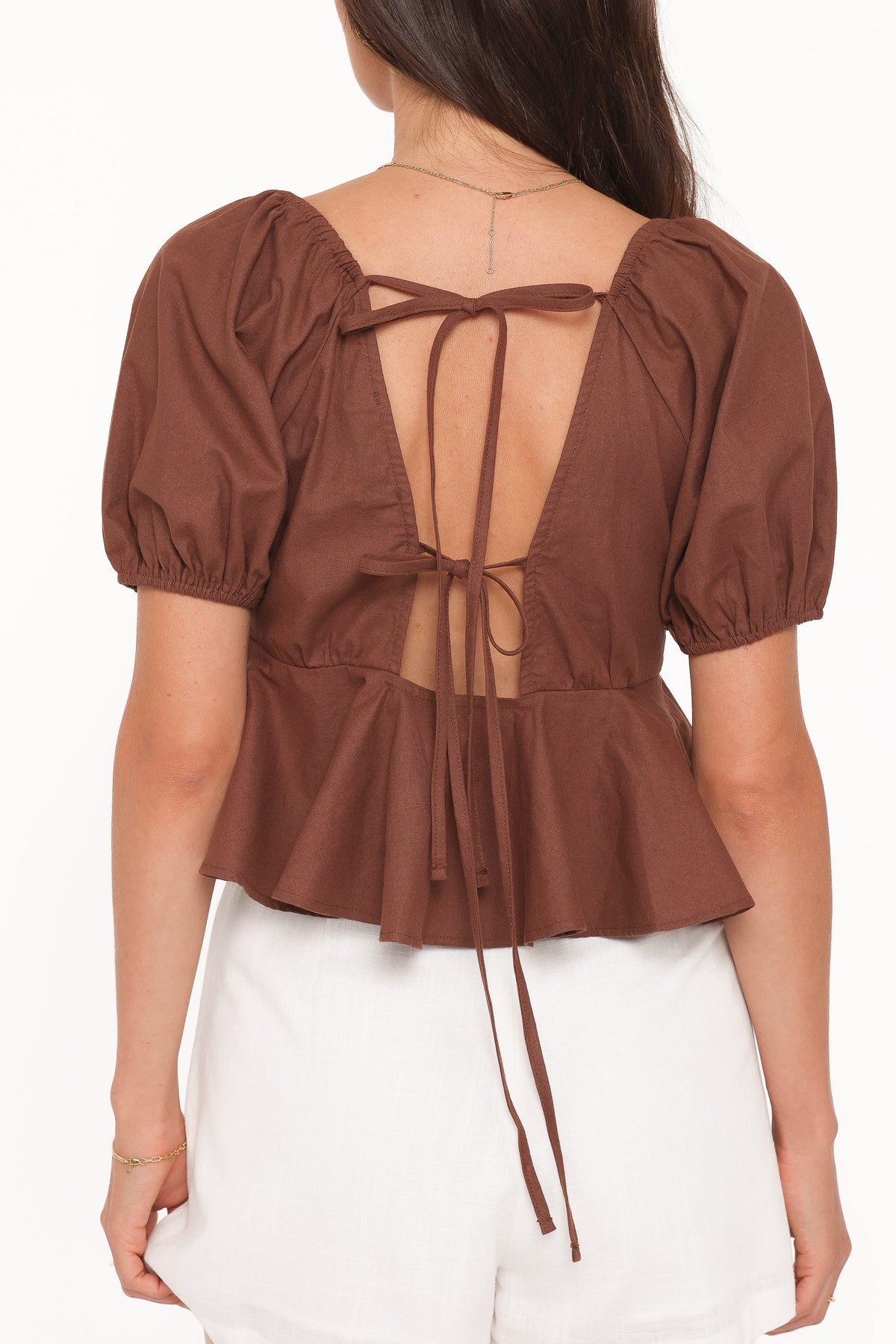 Brienne Tie Front Top in Chocolate – view 2 of 7