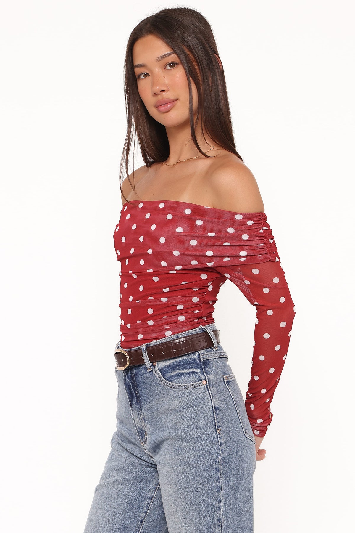 Caelira Off Shoulder Top in Red Polka Dot – view 3 of 6