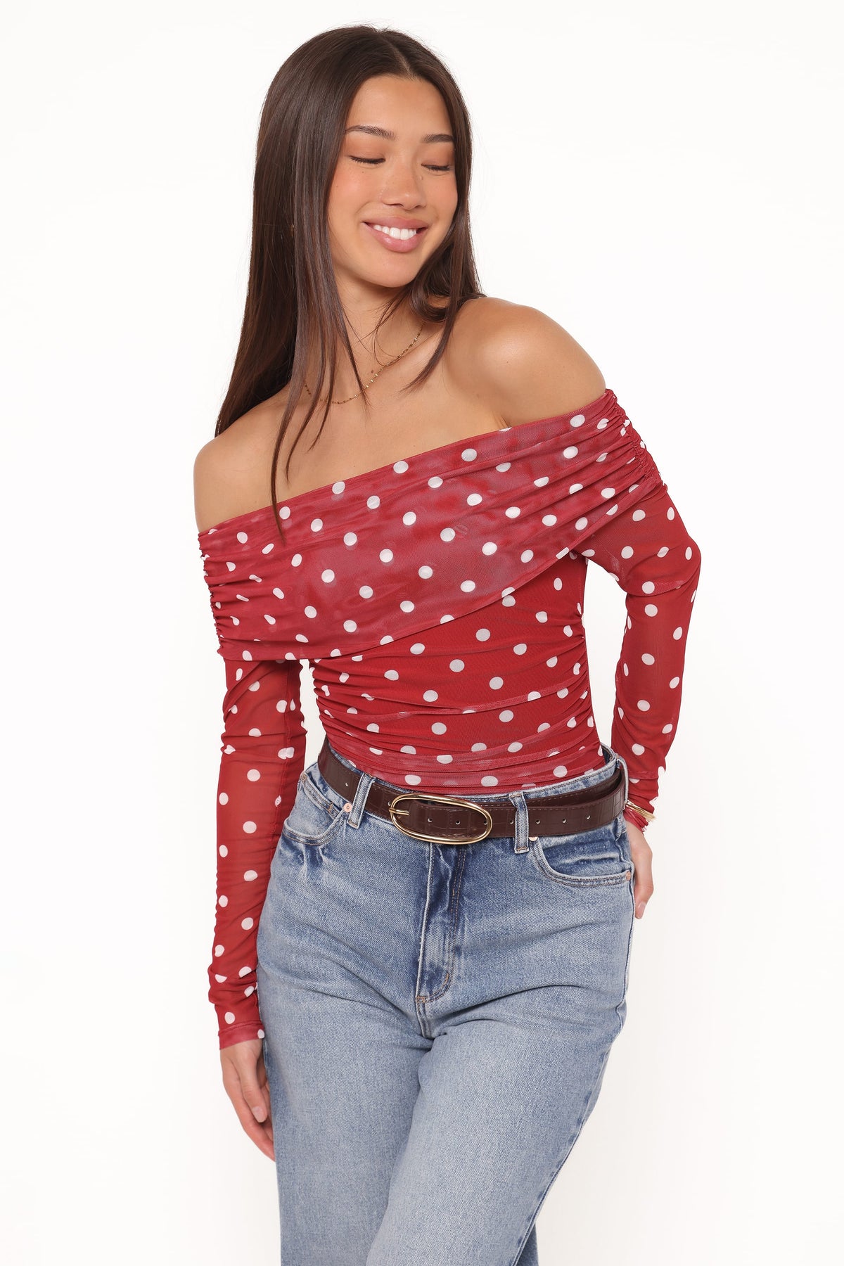 Caelira Off Shoulder Top in Red Polka Dot – view 1 of 6