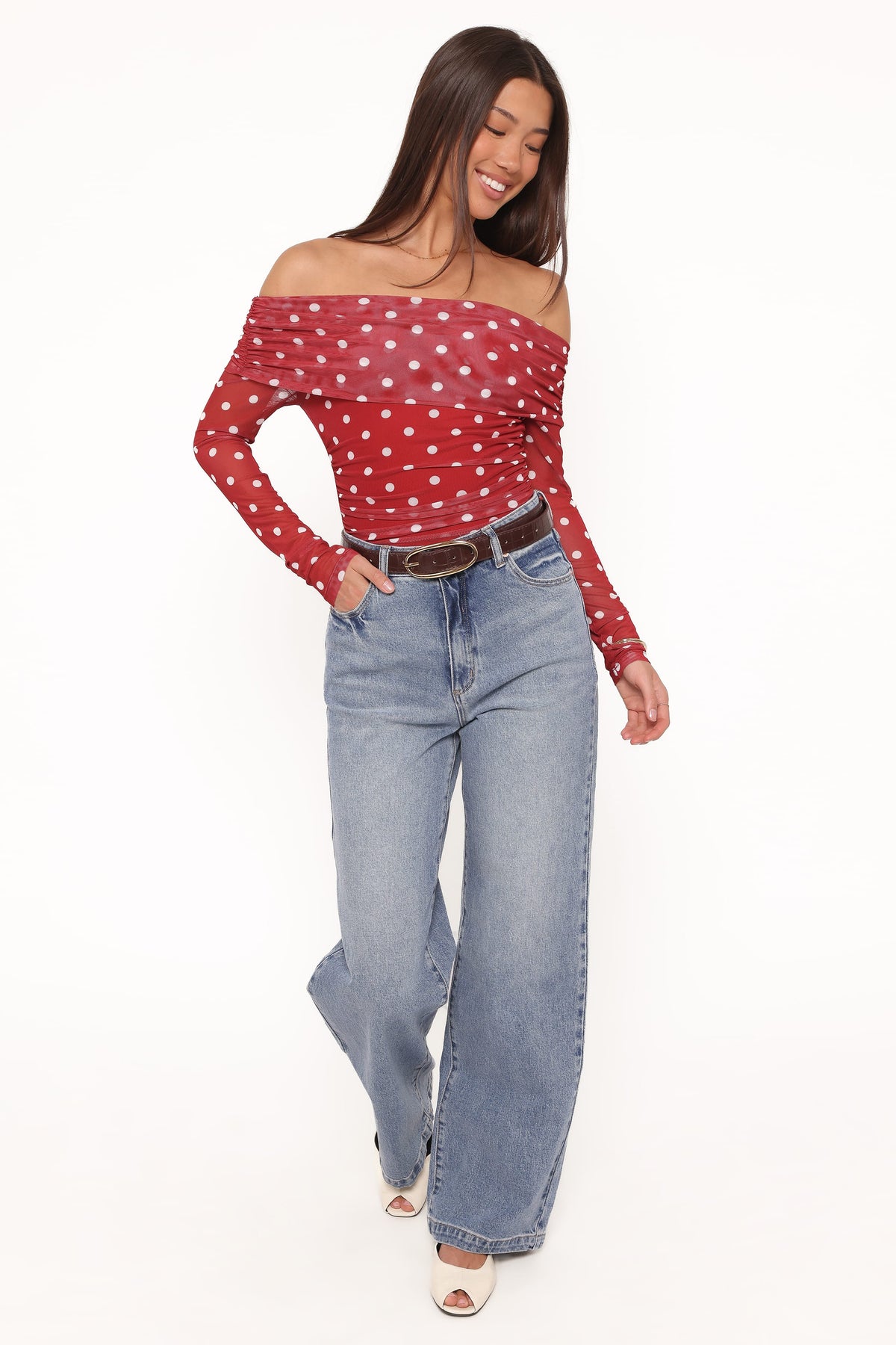 Caelira Off Shoulder Top in Red Polka Dot – view 5 of 6